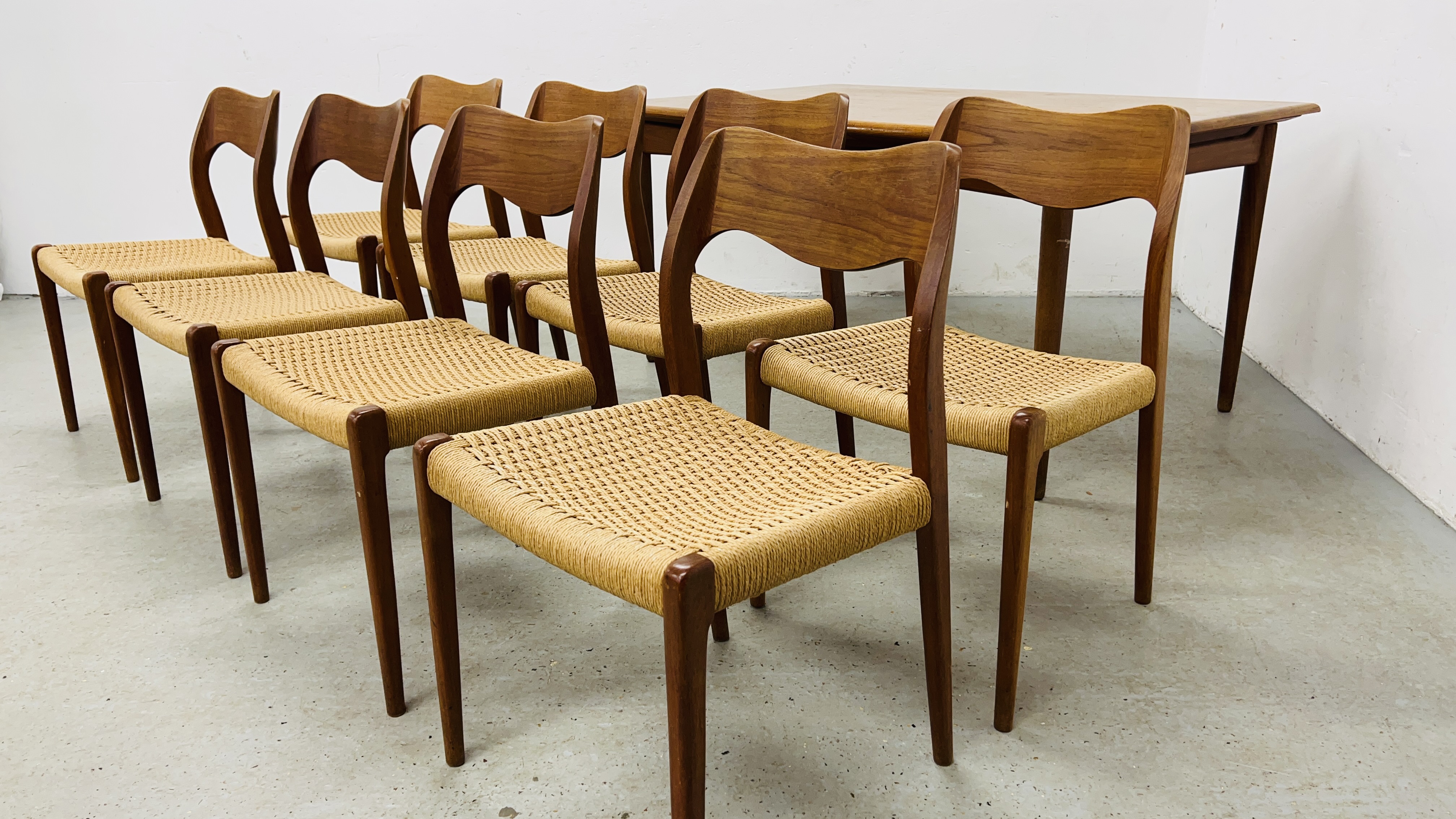 SET OF EIGHT J MOLLER DANISH TEAK DINING CHAIRS WITH WOVEN SISAL SEATS ALONG WITH A DRAWER LEAF - Image 4 of 48