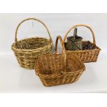 A GROUP OF FOUR VARIOUS WICKER BASKETS.