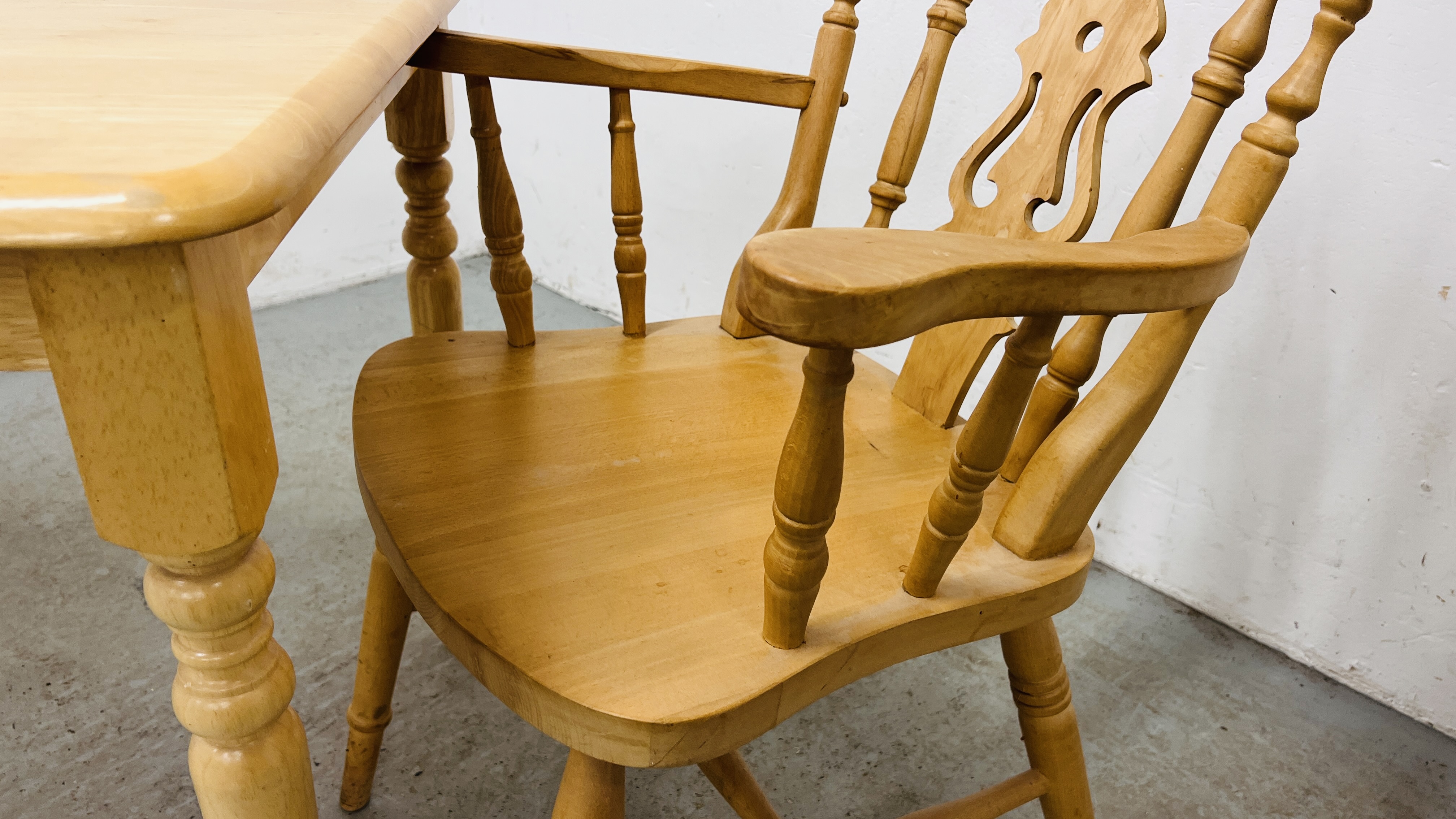 BEECHWOOD DINING TABLE ALONG WITH A PAIR OF GOOD QUALITY BEECHWOOD ARMCHAIRS. - Image 4 of 9