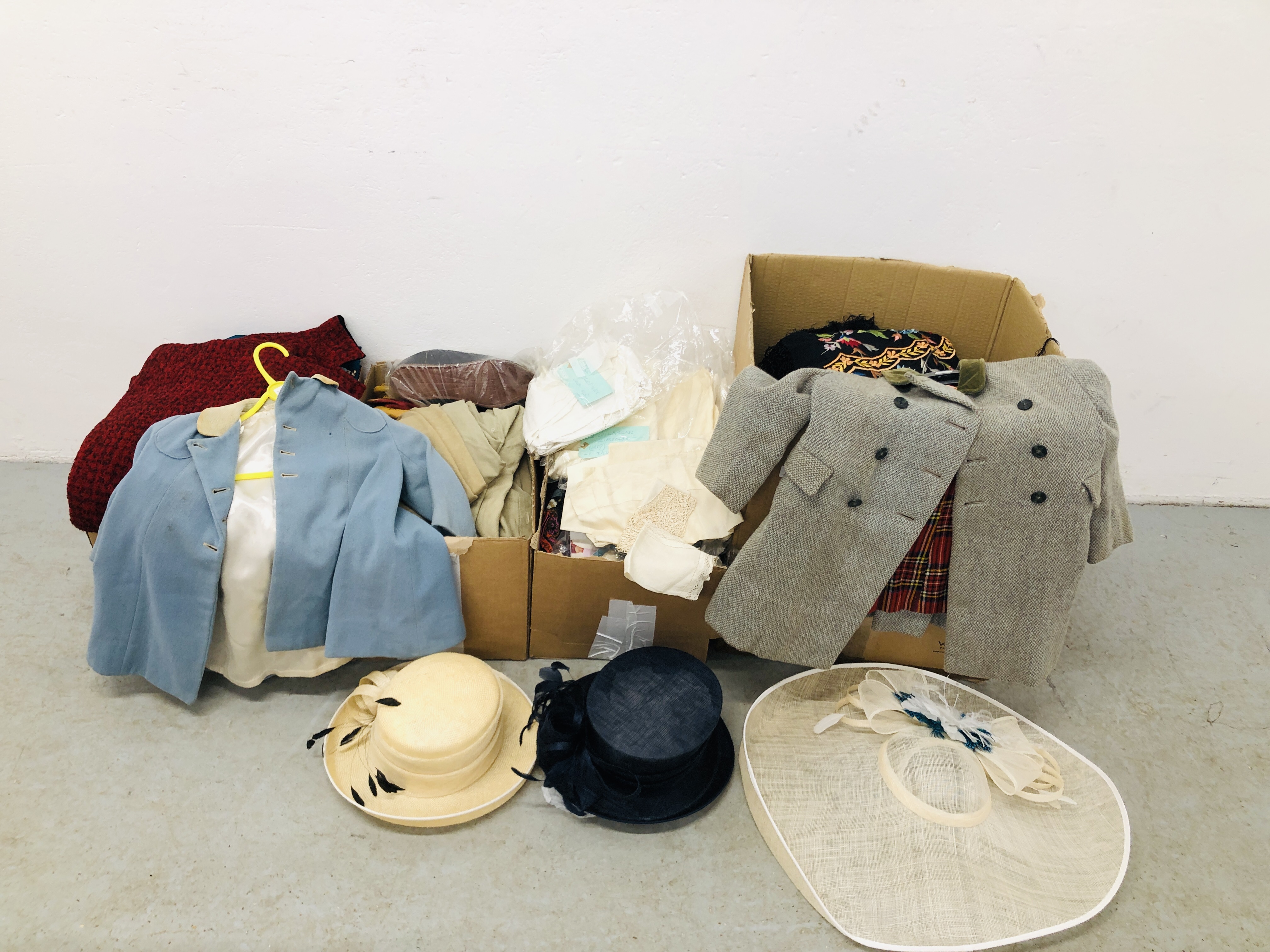 FOUR BOXES CONTAINING AN ASSORTMENT OF VINTAGE FASHION CLOTHING TO INCLUDE A CHILDS TWEED COAT,