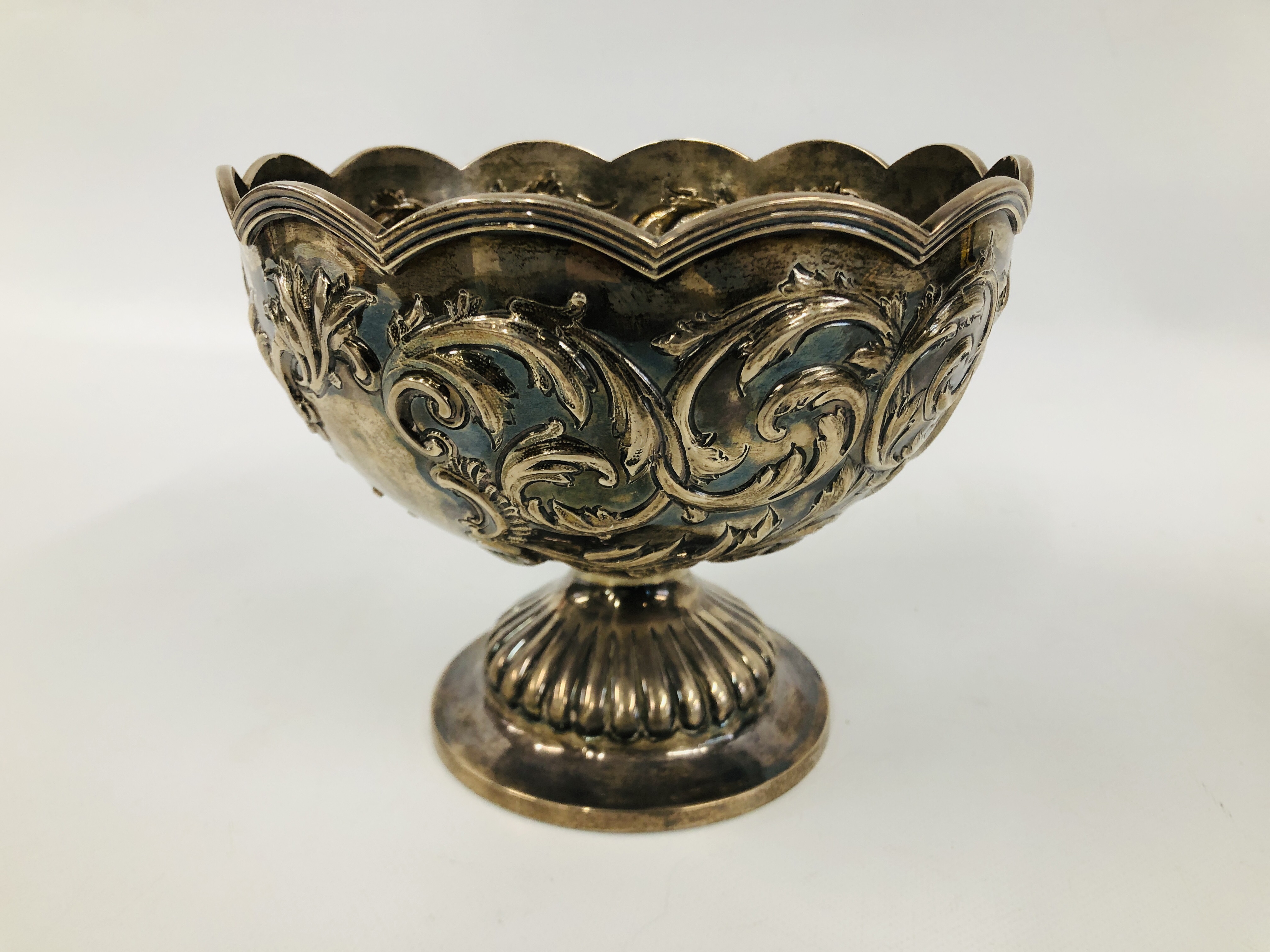 A VICTORIAN SILVER FOOTED ROSE BOWL THE WAVY RIM ABOVE SCROLLED LEAF DECORATION, - Image 8 of 11