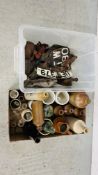 BOX OF ASSORTED VINTAGE STONE WARE AND GLASS BOTTLES ALONG WITH A BOX CONTAINING VINTAGE CAR NUMBER