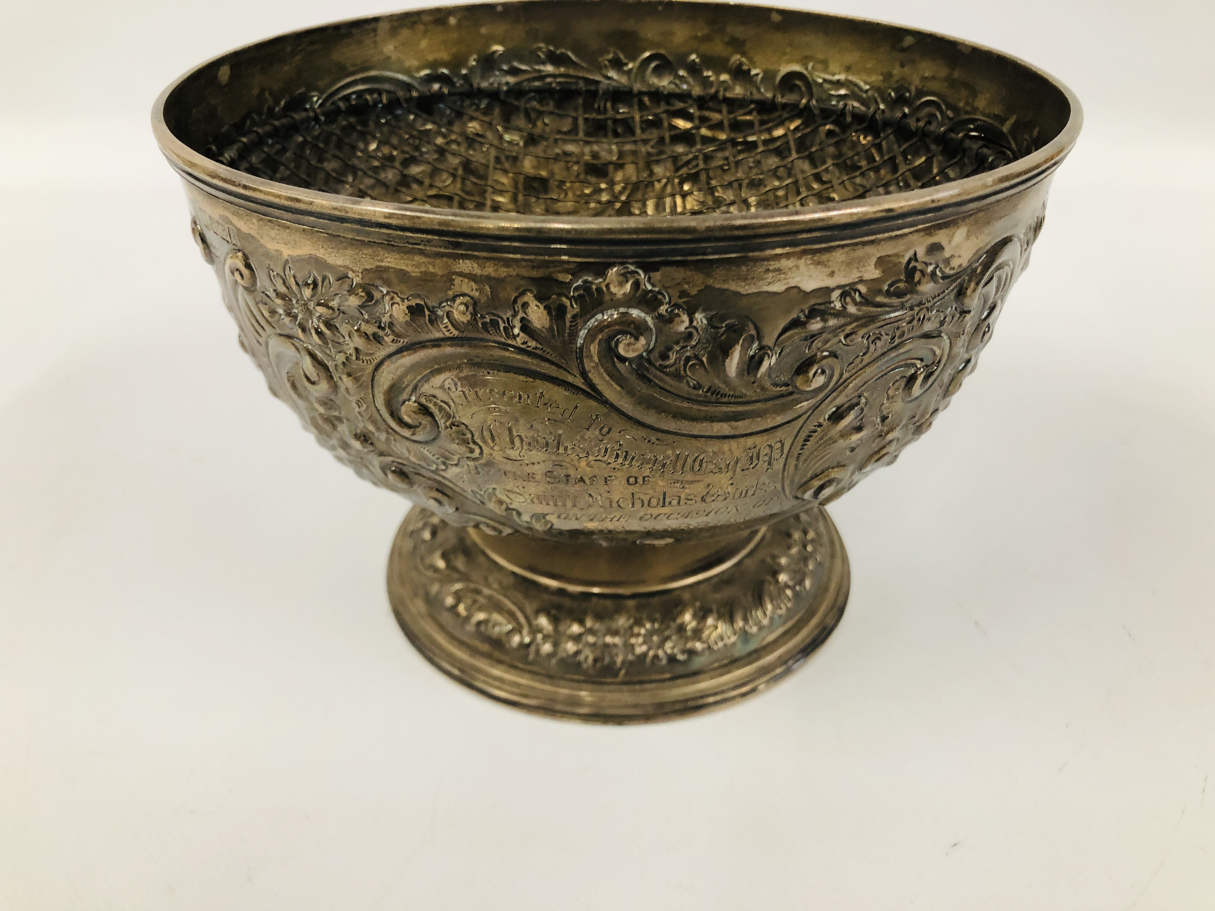 FOOTED CIRCULAR SILVER ROSE BOWL THE BODY WITH SCROLL AND FLOWER DECORATION SHEFFIELD 1912 WIDTH - Image 3 of 9