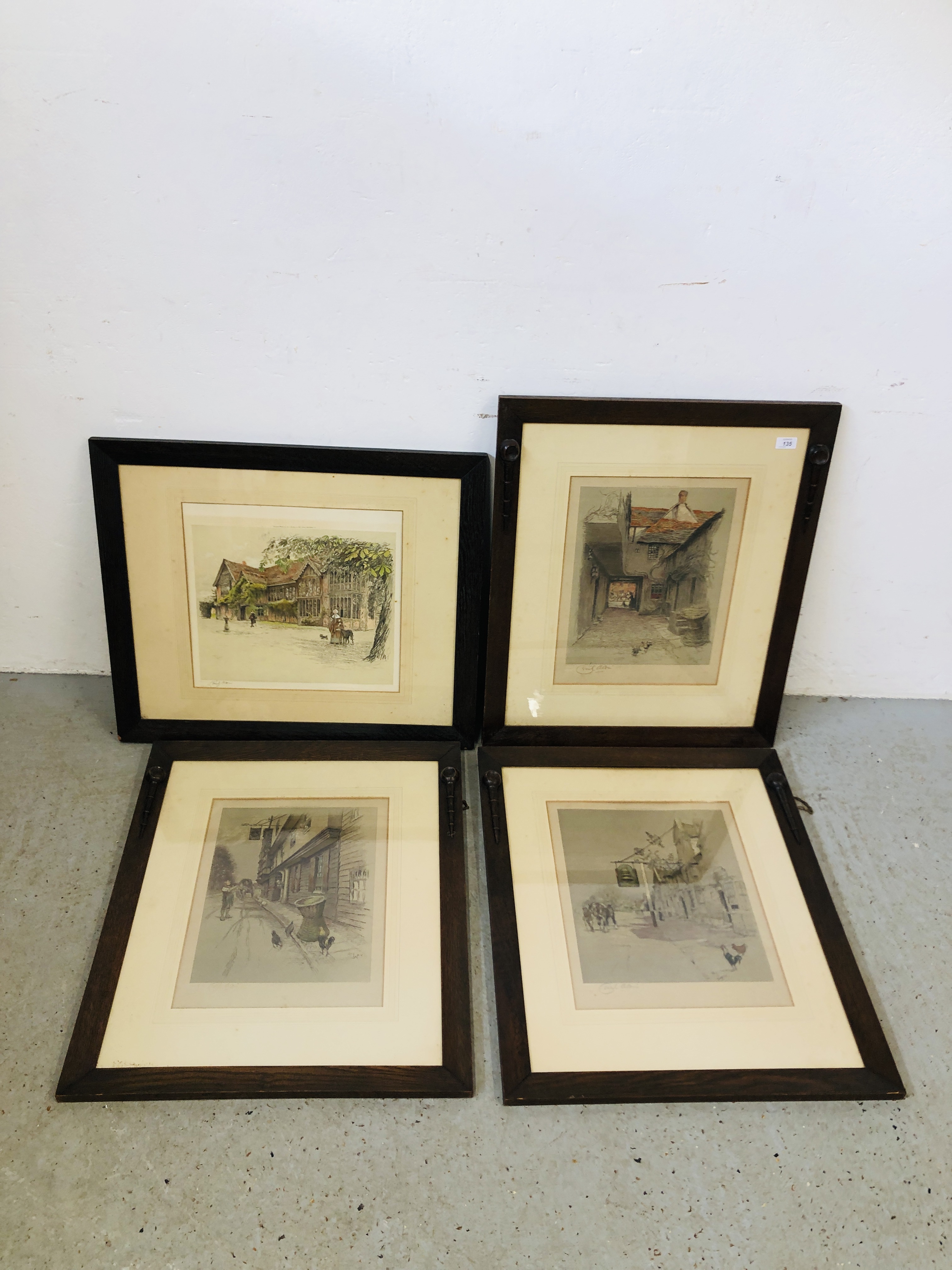 A GROUP OF THREE ARTS AND CRAFTS STYLE OAK FRAMED LITHOGRAPHS BEARING PENCIL SIGNATURE "CECIL