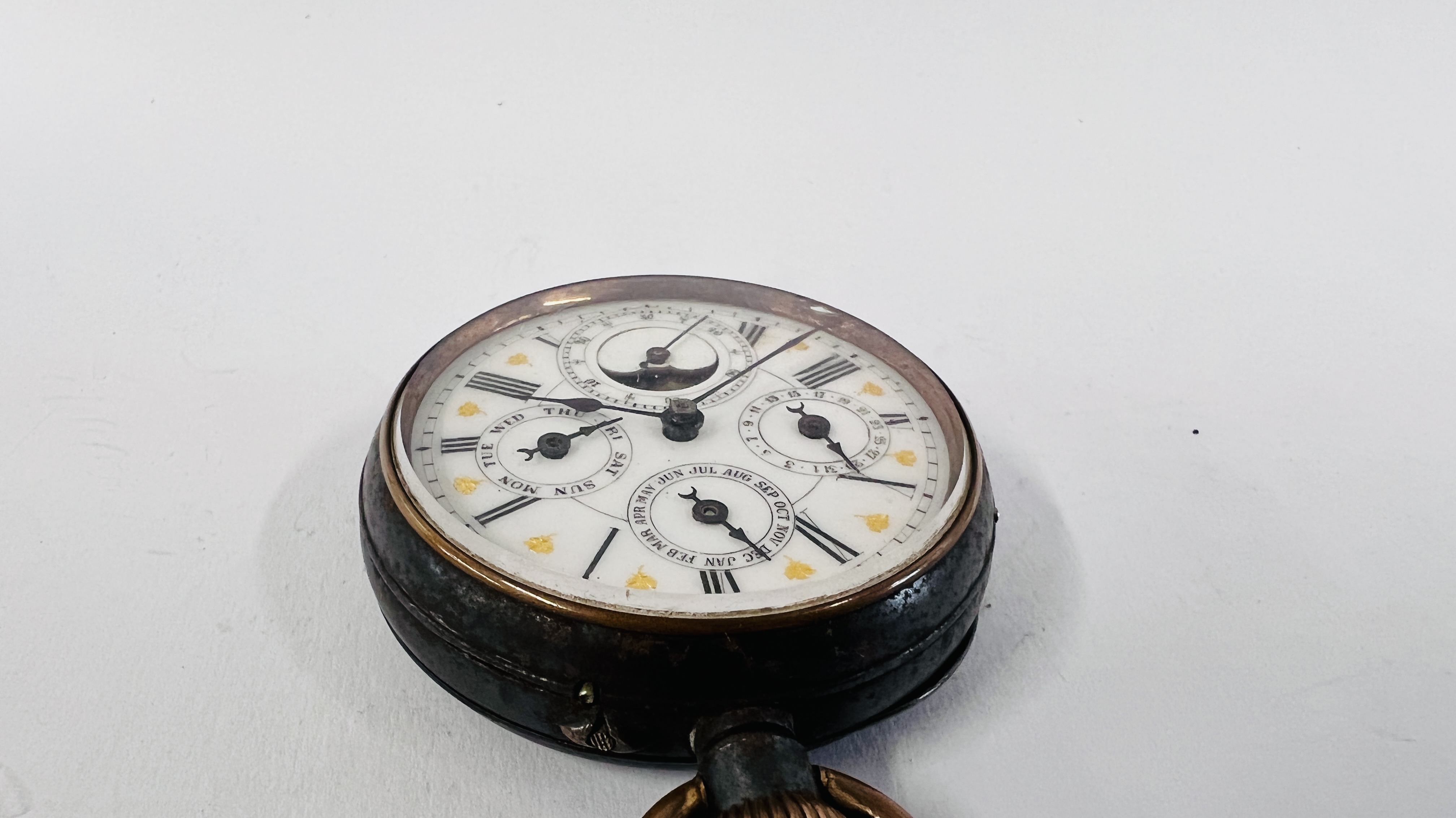 AN ACIER GARANTI SWISS MOON PHASE POCKET WATCH WITH FOUR SUBSIDERY DIALS, - Image 5 of 12