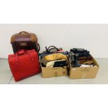 TWO BOXES CONTAINING ASSORTED LADIES FASHION BAGS, JEEP WHEELED LUGGAGE CASE,