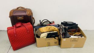 TWO BOXES CONTAINING ASSORTED LADIES FASHION BAGS, JEEP WHEELED LUGGAGE CASE,