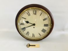 AN EDWARDIAN MAHOGANY WALL CLOCK WITH KEY AND PENDULUM