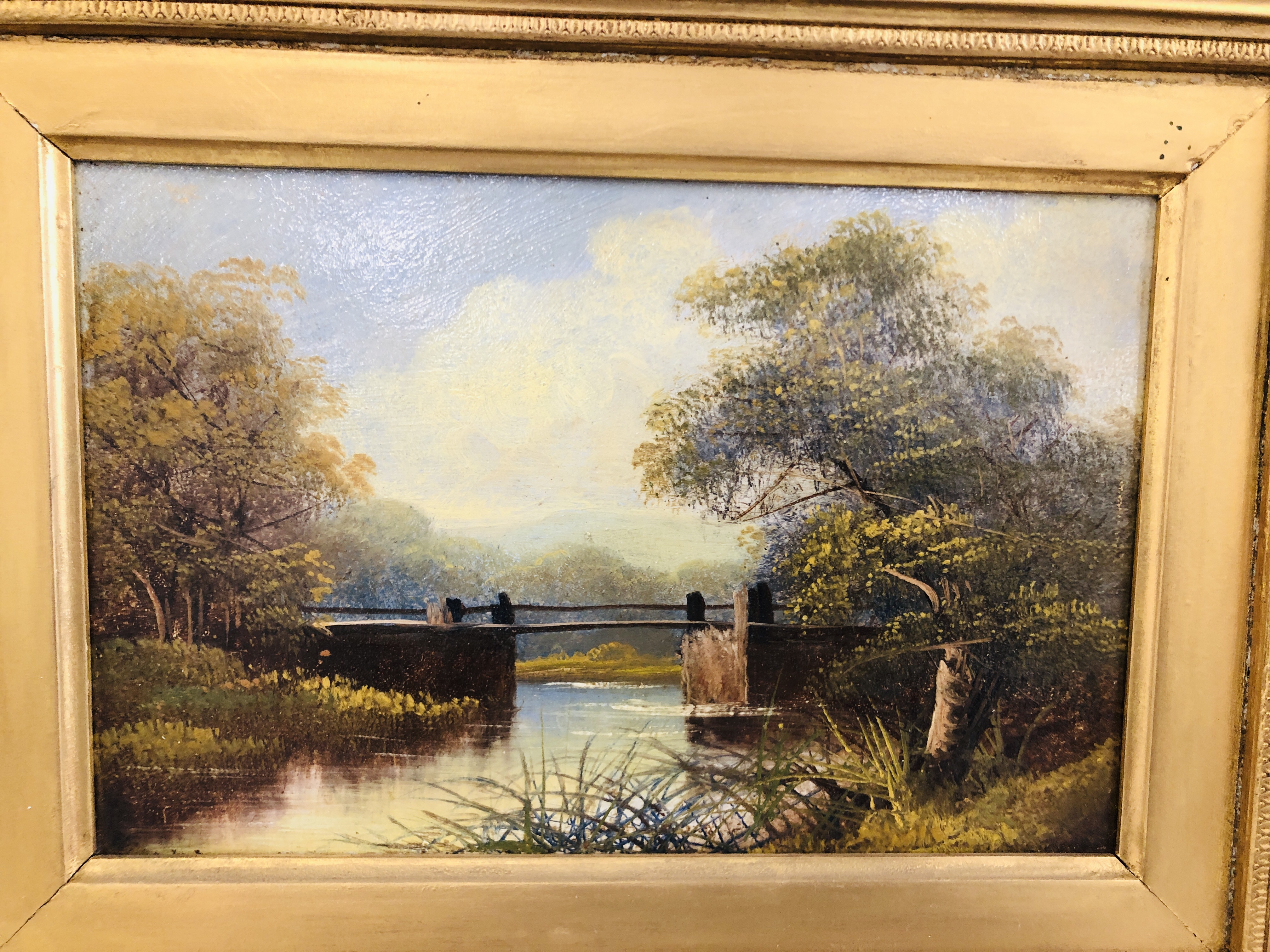 PAIR OF GILT FRAMED C19TH SCHOOL OIL ON BOARD, RIVER SCENE WITH BRIDGE AND A LANDSCAPE SCENE, - Image 3 of 4