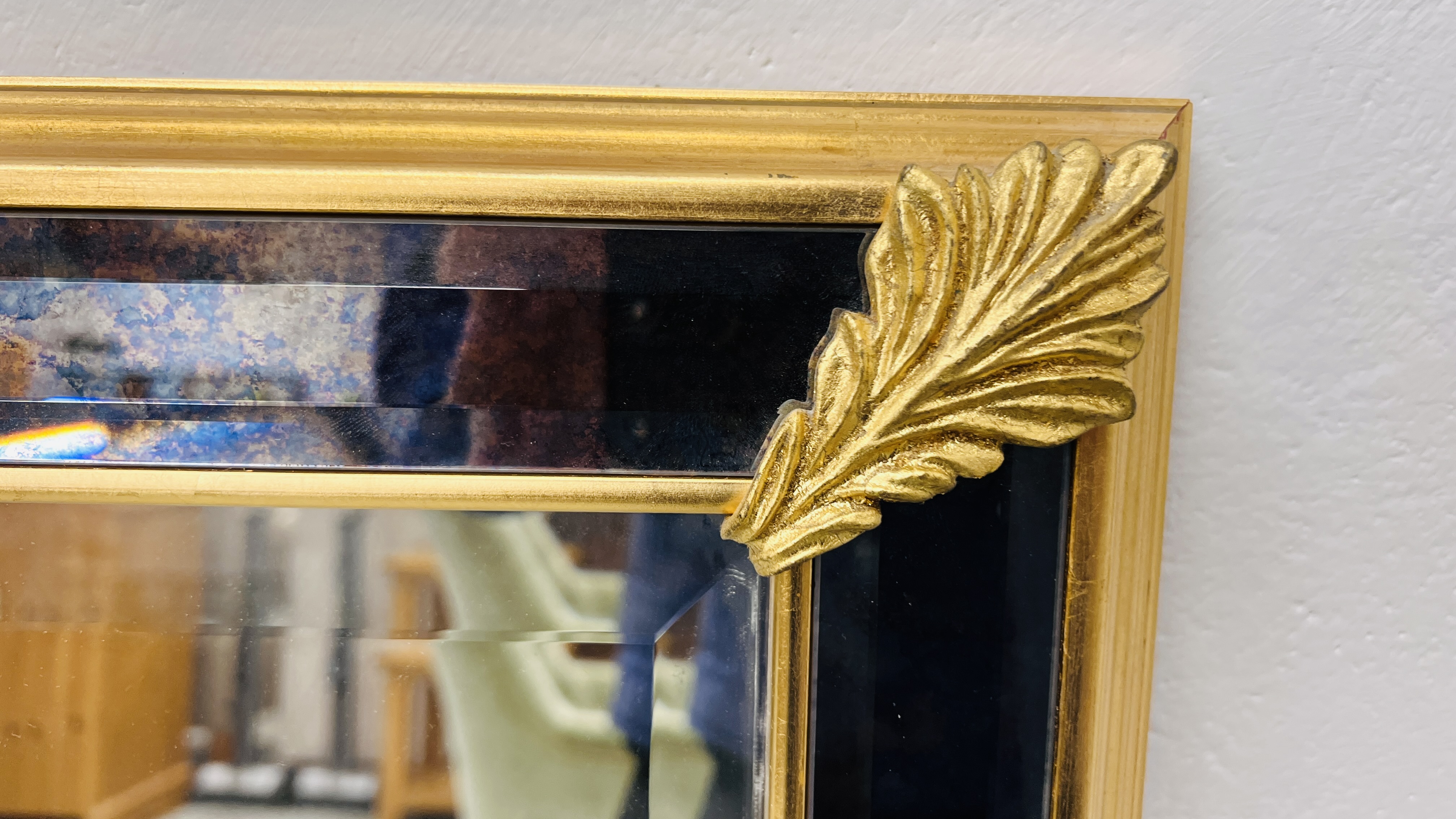 LARGE DESIGNER GILT FRAMED WALL MIRROR WITH BEVELLED GLASS WIDTH 104CM. HEIGHT 127CM. - Image 3 of 6