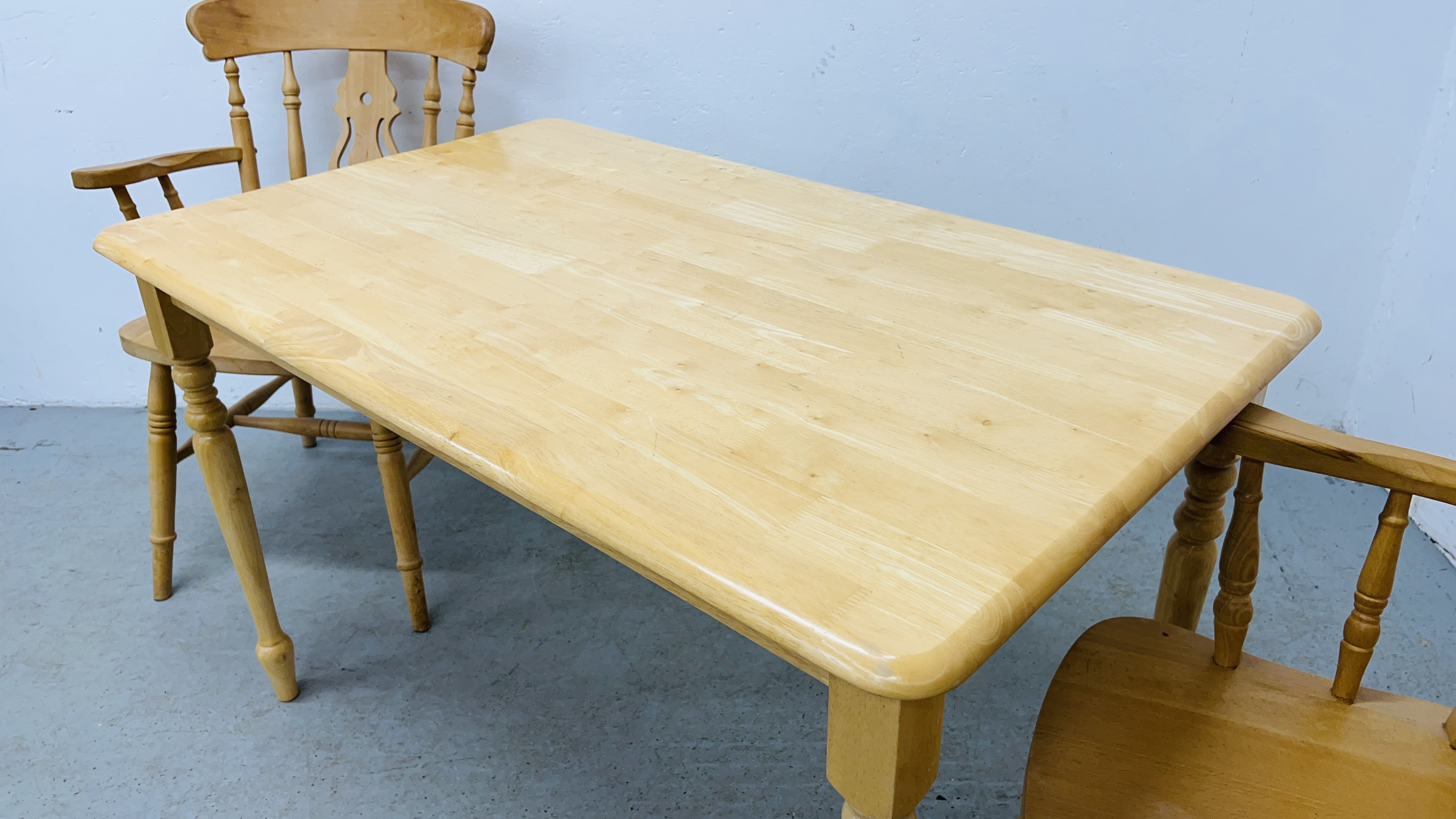 BEECHWOOD DINING TABLE ALONG WITH A PAIR OF GOOD QUALITY BEECHWOOD ARMCHAIRS. - Image 6 of 9