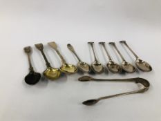 EIGHT VARIOUS SILVER TEASPOONS INCLUDING FOUR ONSLOW PATTERN AND MATCHING SUGAR NIPS,