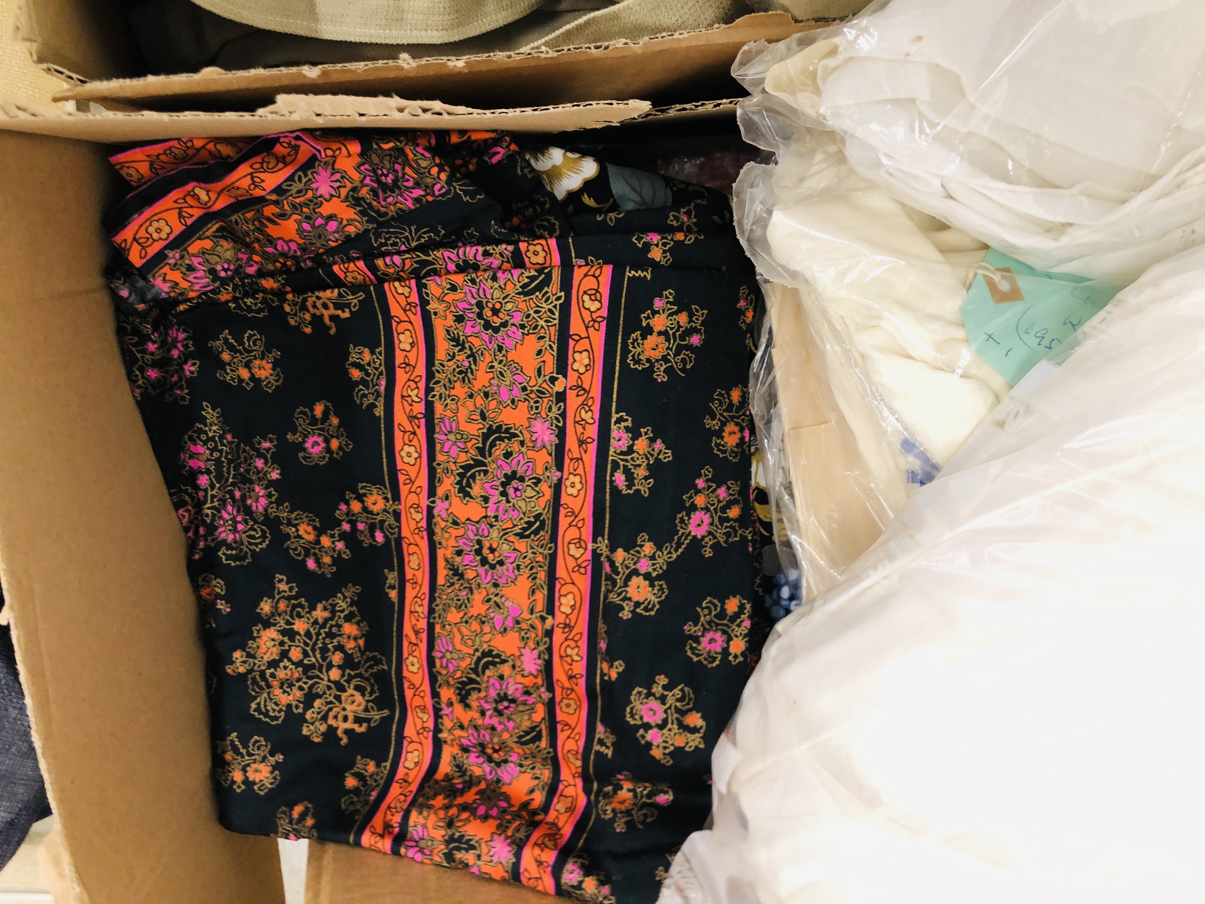 FOUR BOXES CONTAINING AN ASSORTMENT OF VINTAGE FASHION CLOTHING TO INCLUDE A CHILDS TWEED COAT, - Image 11 of 11