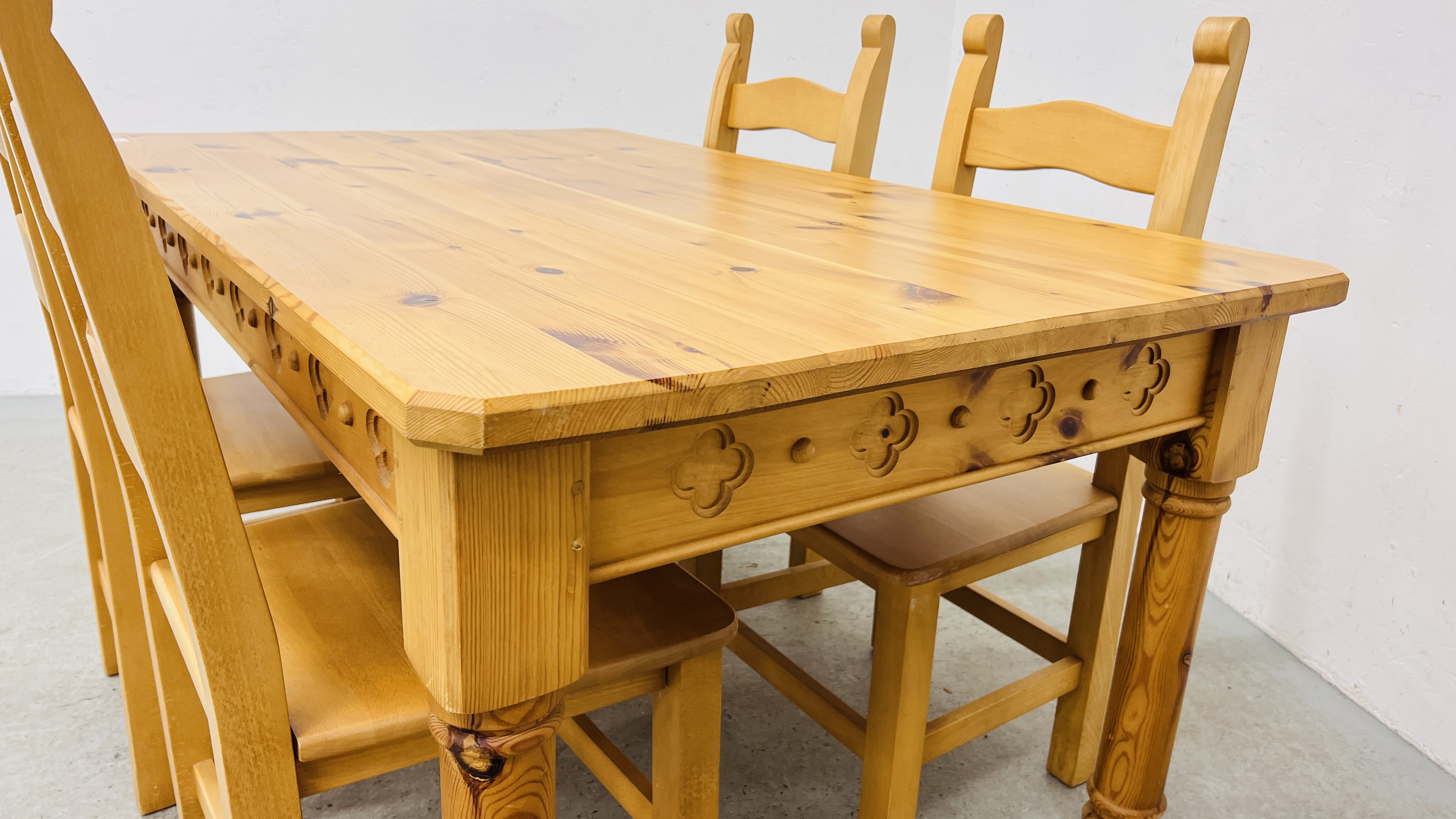 A SOLID NATURAL PINE RECTANGULAR DINING TABLE WITH CARVED DETAIL TO RAILS WIDTH 90CM. LENGTH 153CM. - Image 2 of 14