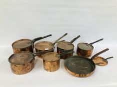 SEVEN VINTAGE COPPER PANS OF VARIOUS SIZES TO INCLUDE MARKED "HARRODS"