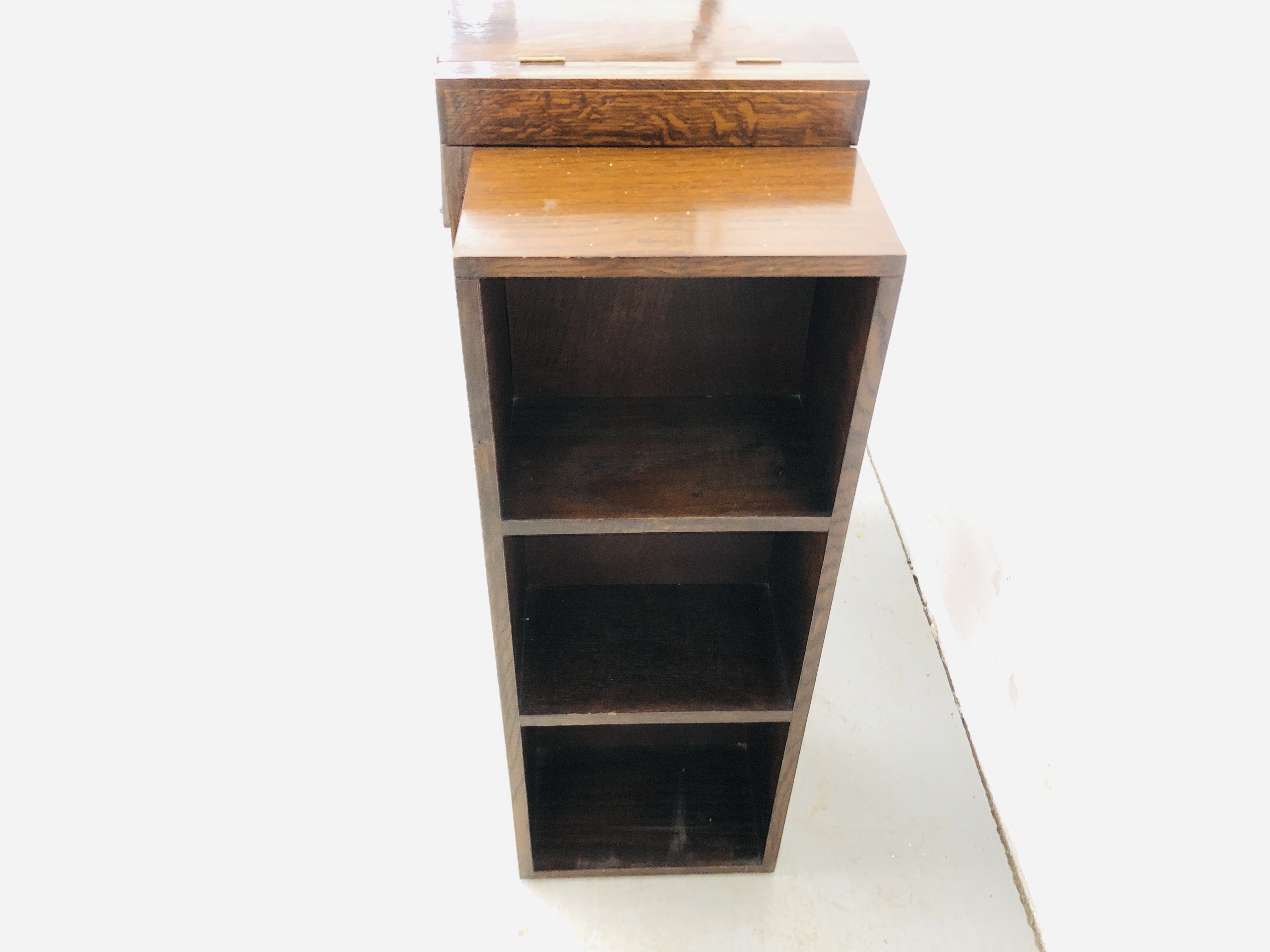 1940'S OAK CANTILEVER COMBINATION SEWING BOX ON OPEN SHELVED BASE - Image 6 of 7