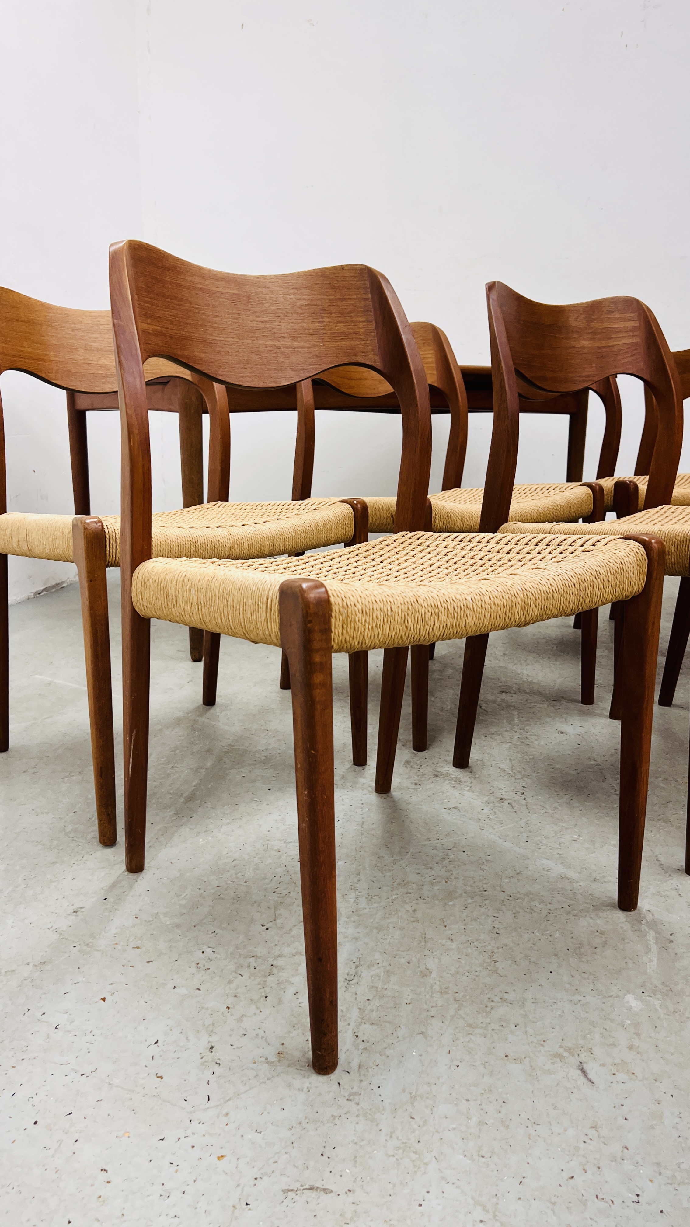 SET OF EIGHT J MOLLER DANISH TEAK DINING CHAIRS WITH WOVEN SISAL SEATS ALONG WITH A DRAWER LEAF - Image 7 of 48