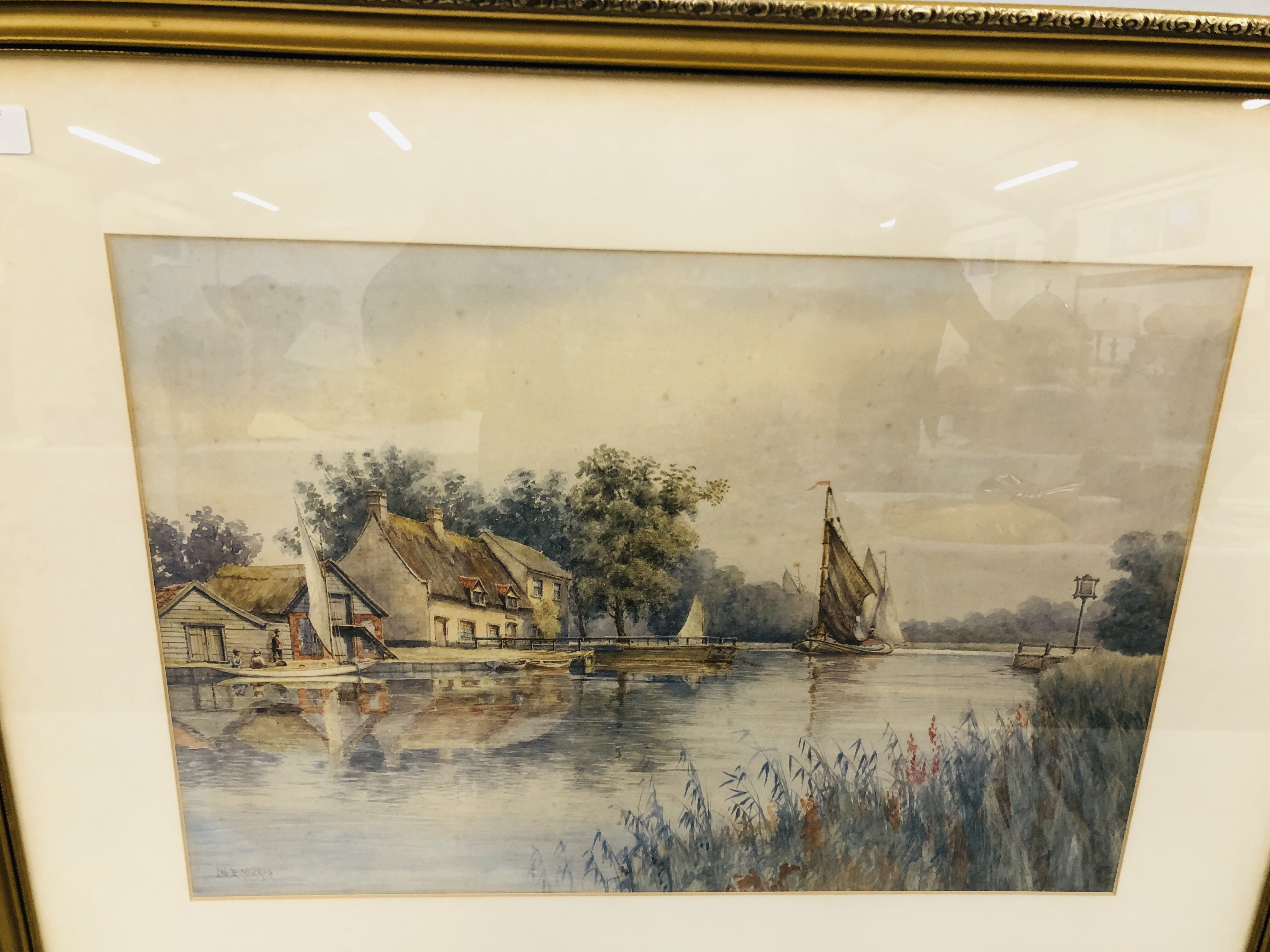 WATERCOLOUR "HORNING FERRY" BEARING SIGNATURE W.E. MAYES 39 X 56.5CM. - Image 2 of 6