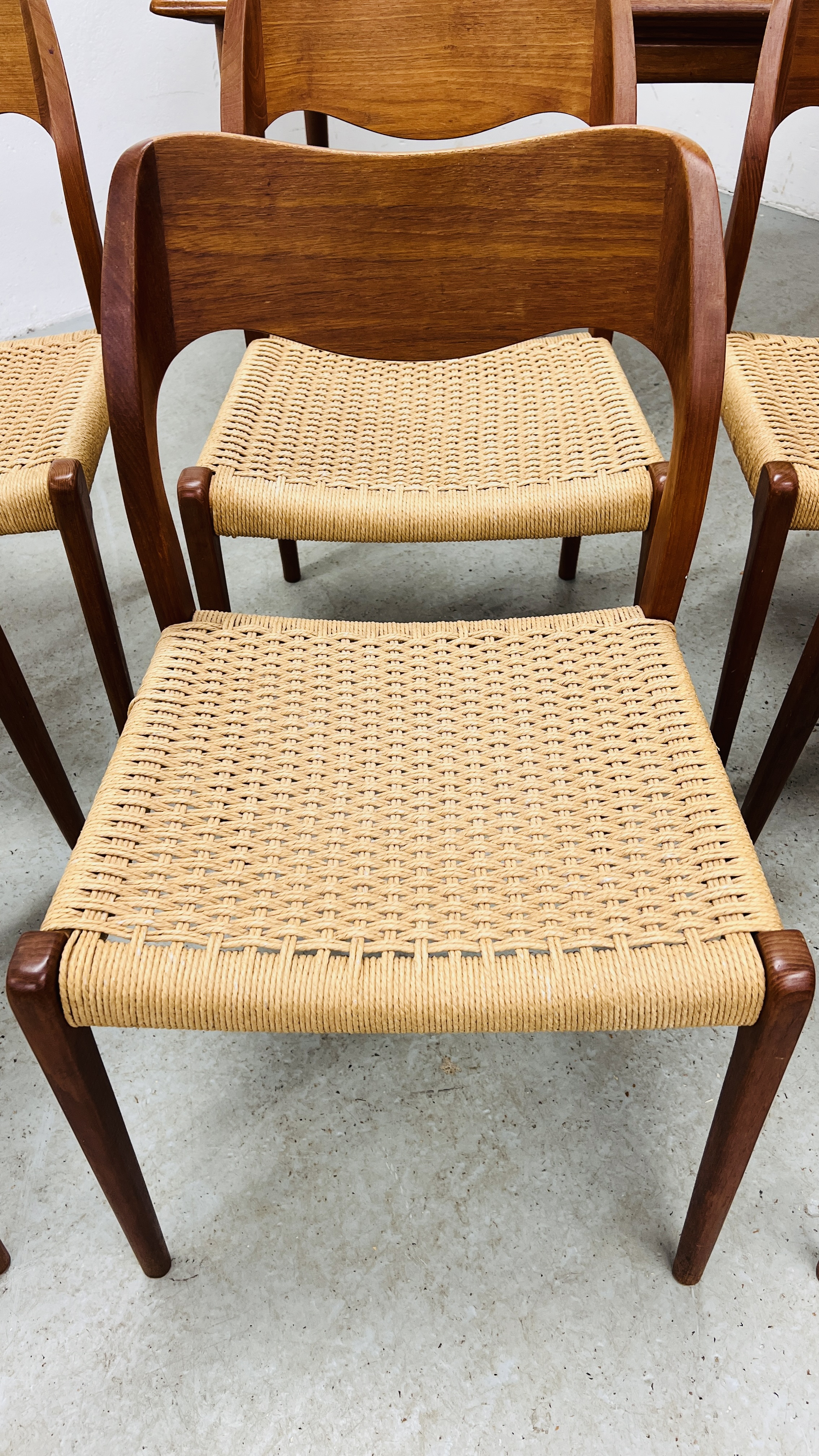 SET OF EIGHT J MOLLER DANISH TEAK DINING CHAIRS WITH WOVEN SISAL SEATS ALONG WITH A DRAWER LEAF - Image 11 of 48