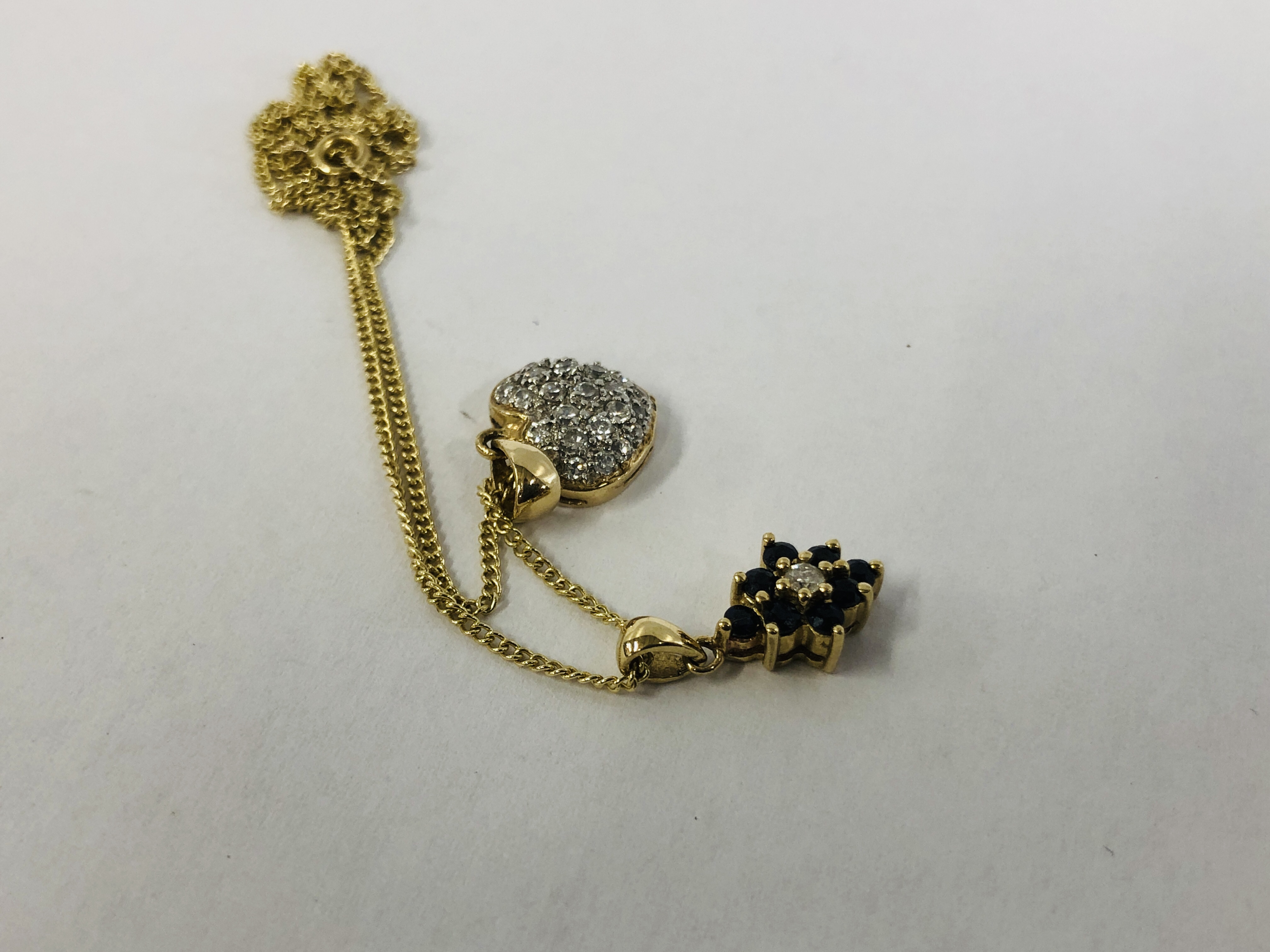 9CT. GOLD SAPPHIRE AND DIAMOND PENDANT AND CHAIN ALONG WITH A 9CT. - Image 3 of 4