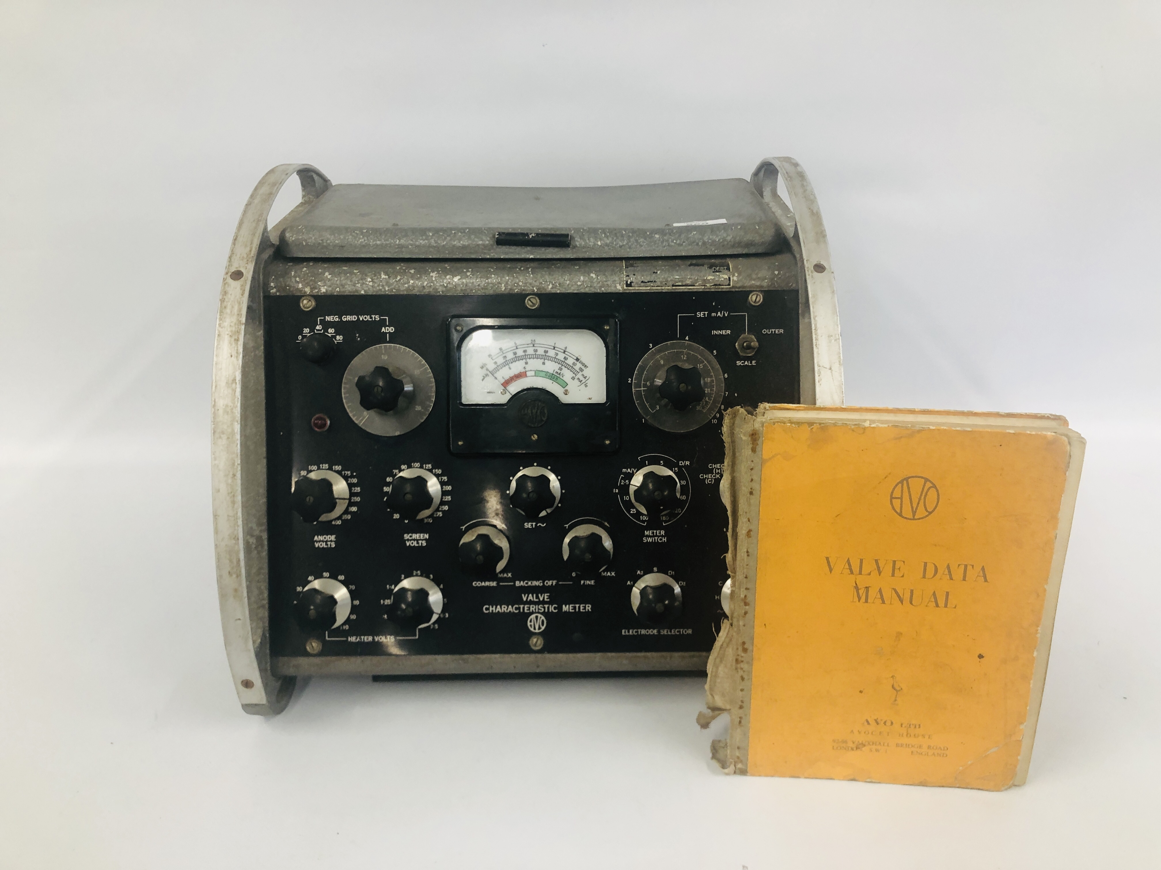AVO LTD VALVE CHARACTERISTIC METER WITH ORIGINAL VALVE DATA MANUAL - COLLECTORS ITEM ONLY.