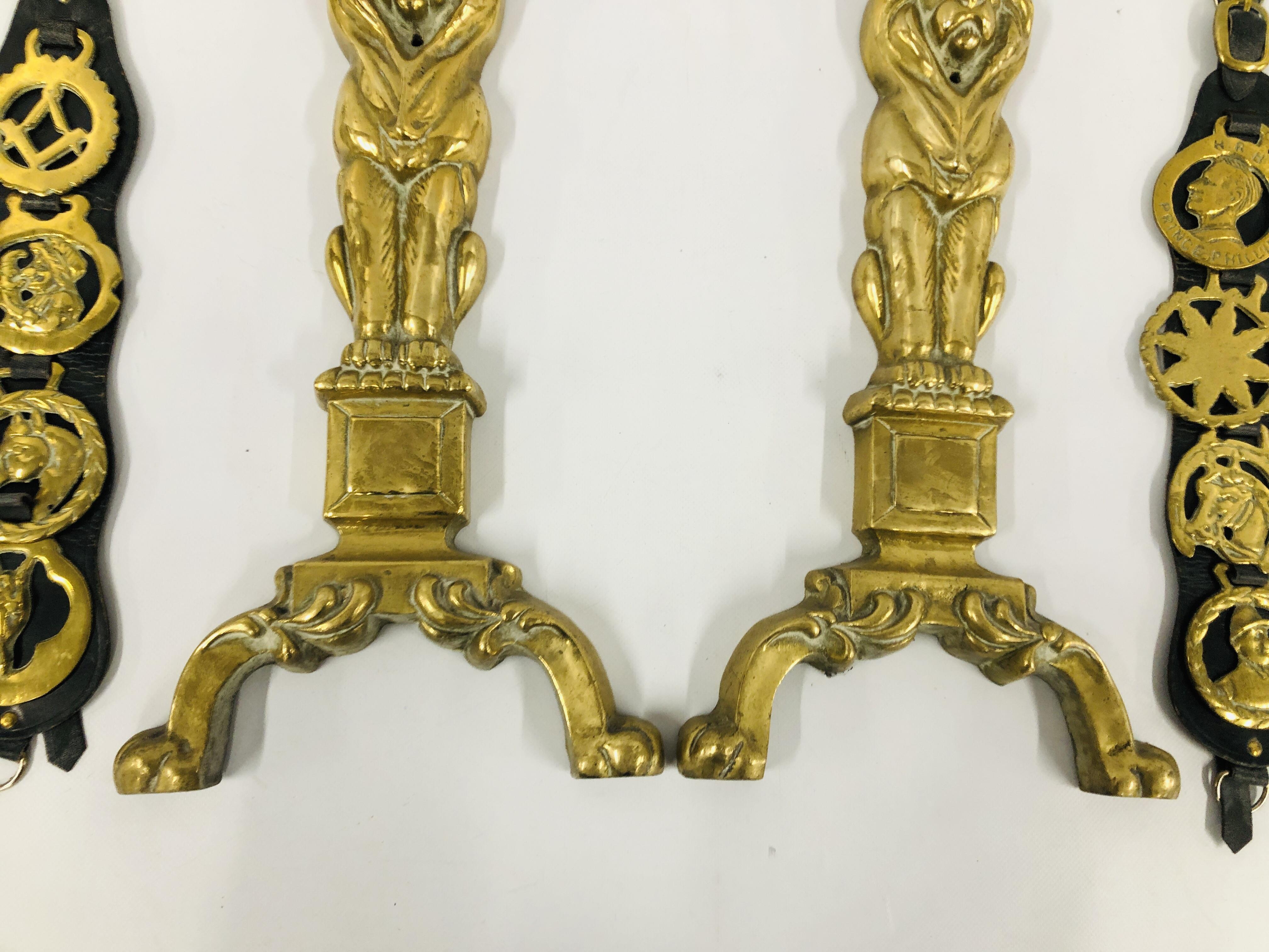 PAIR OF HEAVY BRASS FIRESIDE LIONS, EIGHT HORSE BRASSES ON TWO LEATHER STRAPS. - Image 3 of 5