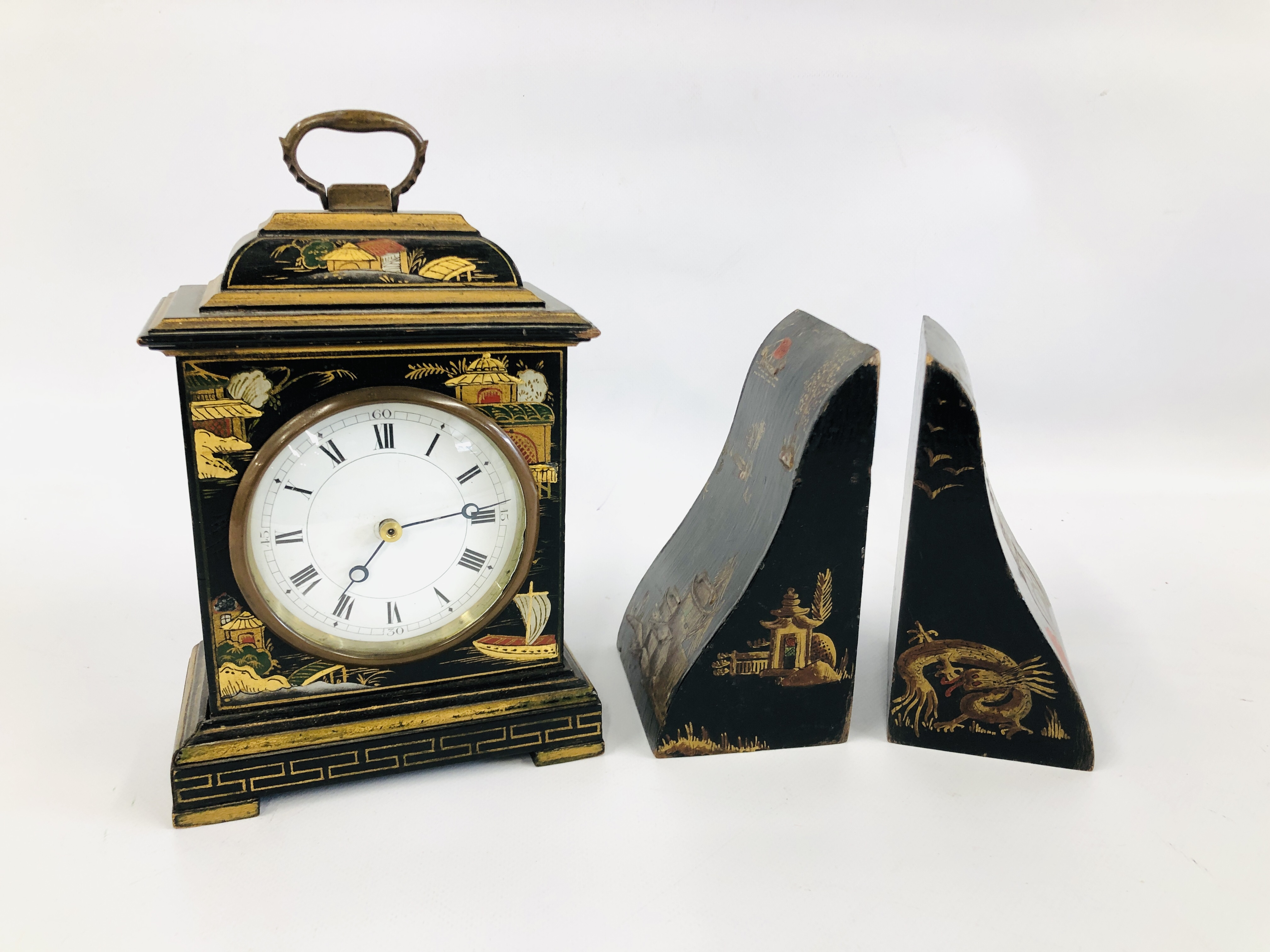AN EARLY C.20TH ORIENTAL BLACK LACQUERED MANTEL CLOCK HEIGHT 19.5CM.