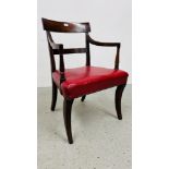 A RAIL BACK SHERITAN ELBOW DINING CHAIR WITH RED LEATHER STUFF OVER SEAT.