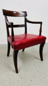 A RAIL BACK SHERITAN ELBOW DINING CHAIR WITH RED LEATHER STUFF OVER SEAT.