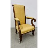 A NARROW MAHOGANY UPHOLSTERED CHAIR WITH GOLD UPHOLSTERED SEAT AND BACK.