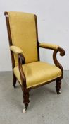 A NARROW MAHOGANY UPHOLSTERED CHAIR WITH GOLD UPHOLSTERED SEAT AND BACK.