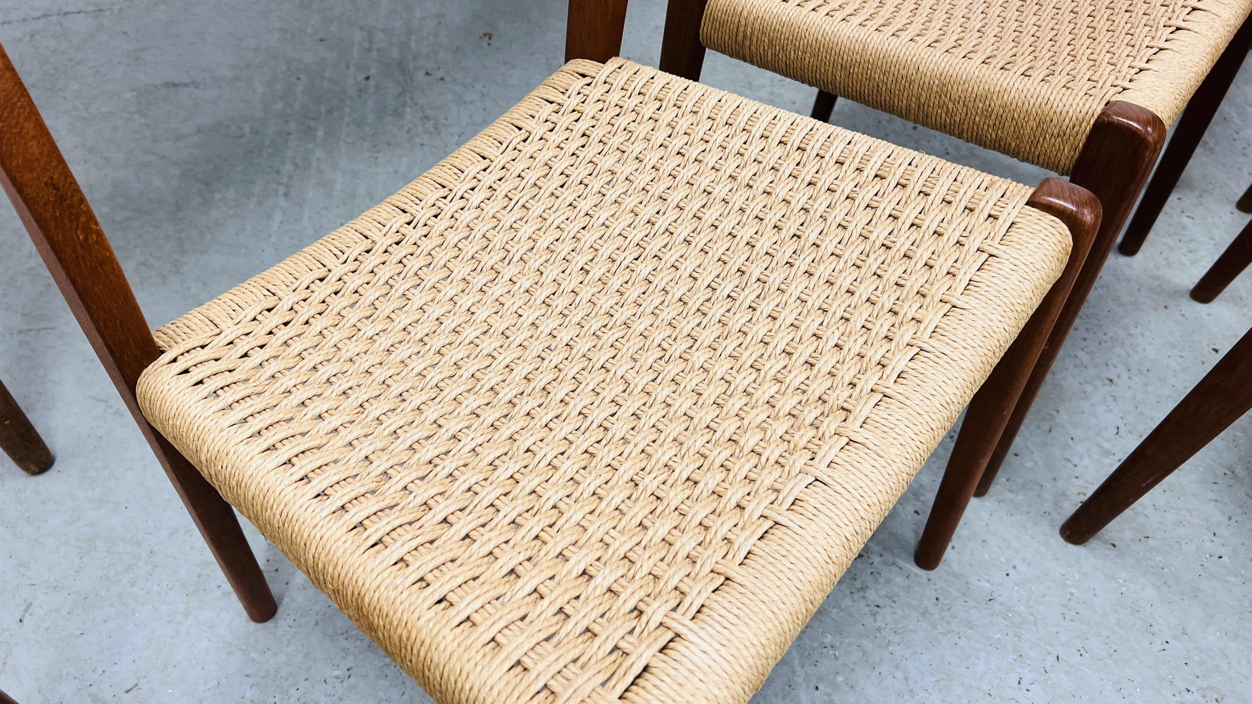 SET OF EIGHT J MOLLER DANISH TEAK DINING CHAIRS WITH WOVEN SISAL SEATS ALONG WITH A DRAWER LEAF - Image 28 of 48