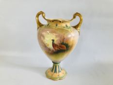 CROWN DEVON 0.670 TWO HANDLED URN, DEPICTING PHEASANTS IN A WOODLAND SCENE BEARING SIGNATURE J.