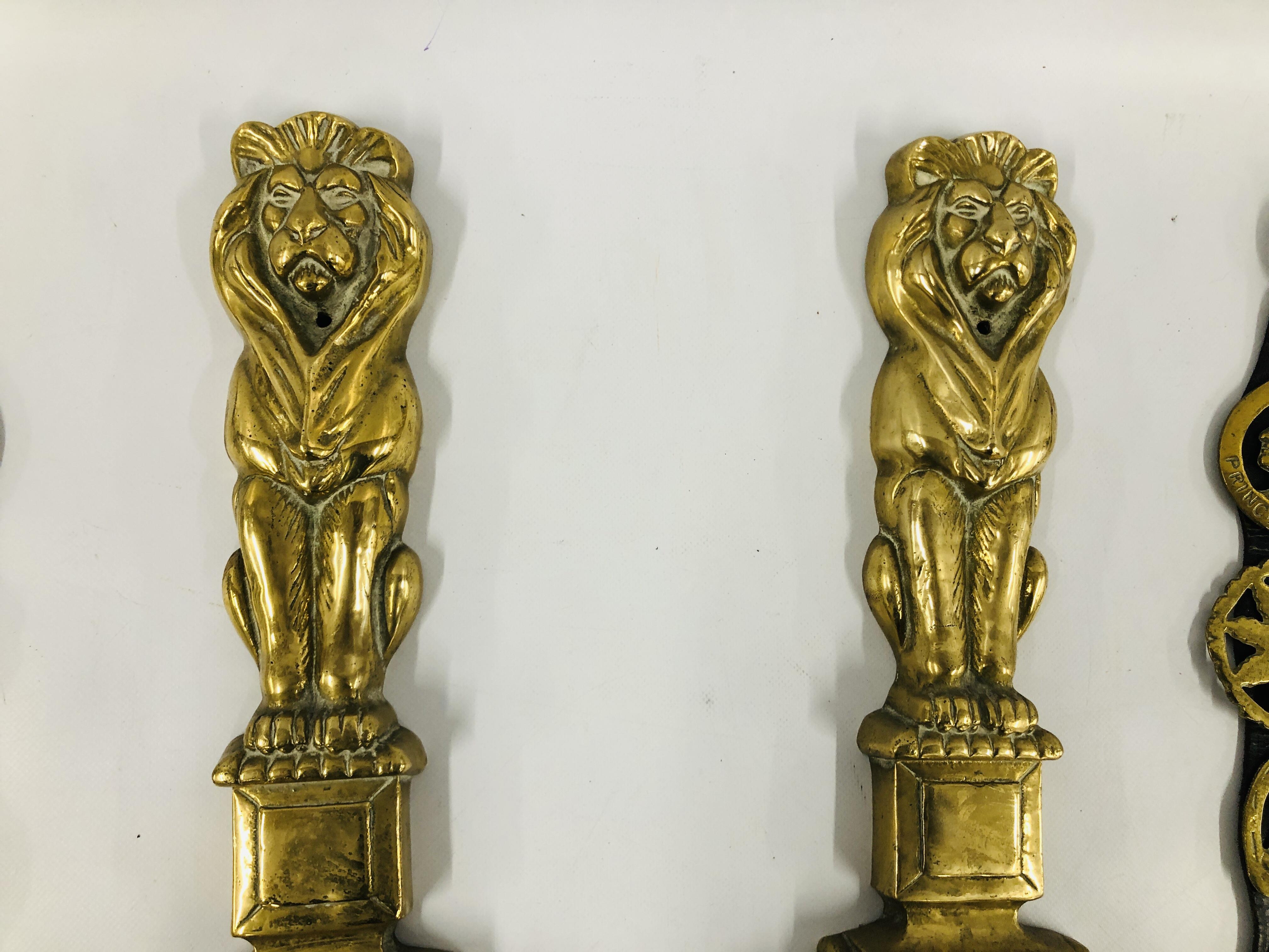 PAIR OF HEAVY BRASS FIRESIDE LIONS, EIGHT HORSE BRASSES ON TWO LEATHER STRAPS. - Image 2 of 5