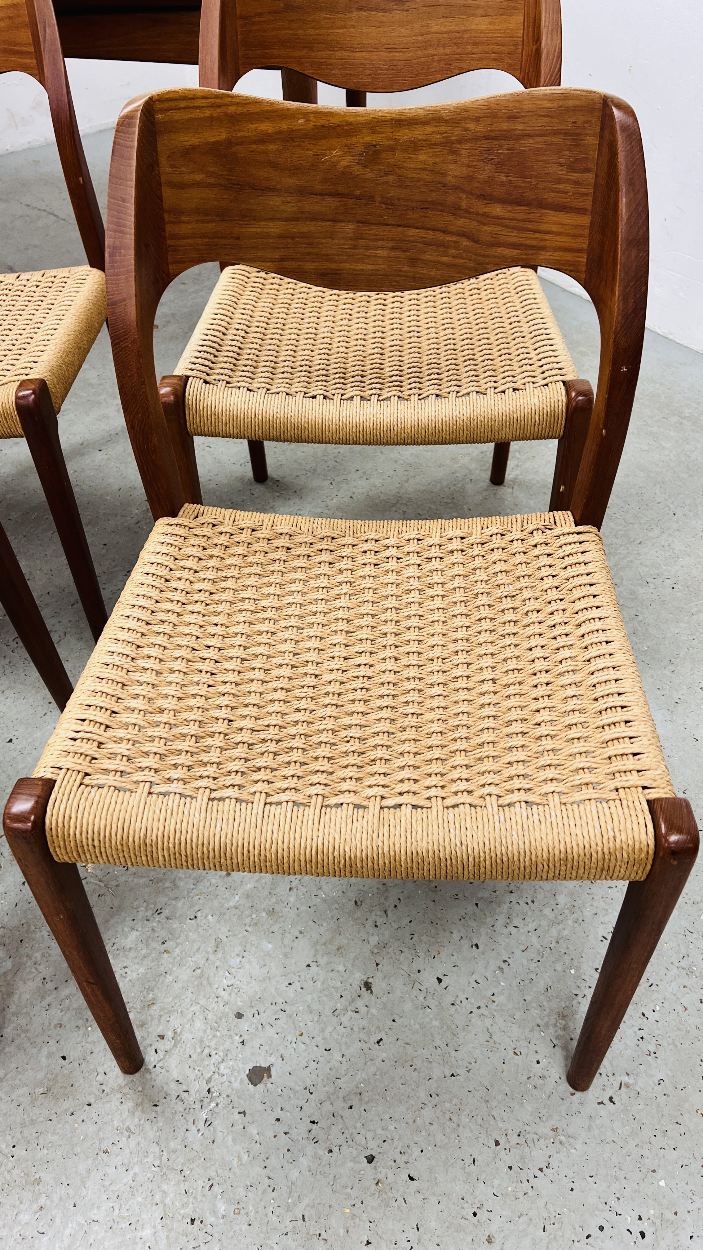 SET OF EIGHT J MOLLER DANISH TEAK DINING CHAIRS WITH WOVEN SISAL SEATS ALONG WITH A DRAWER LEAF - Image 13 of 48