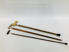 THREE WALKING STICKS TO INCLUDE TORTOISE SHELL EFFECT HANDLE WITH SILVER BANDING,