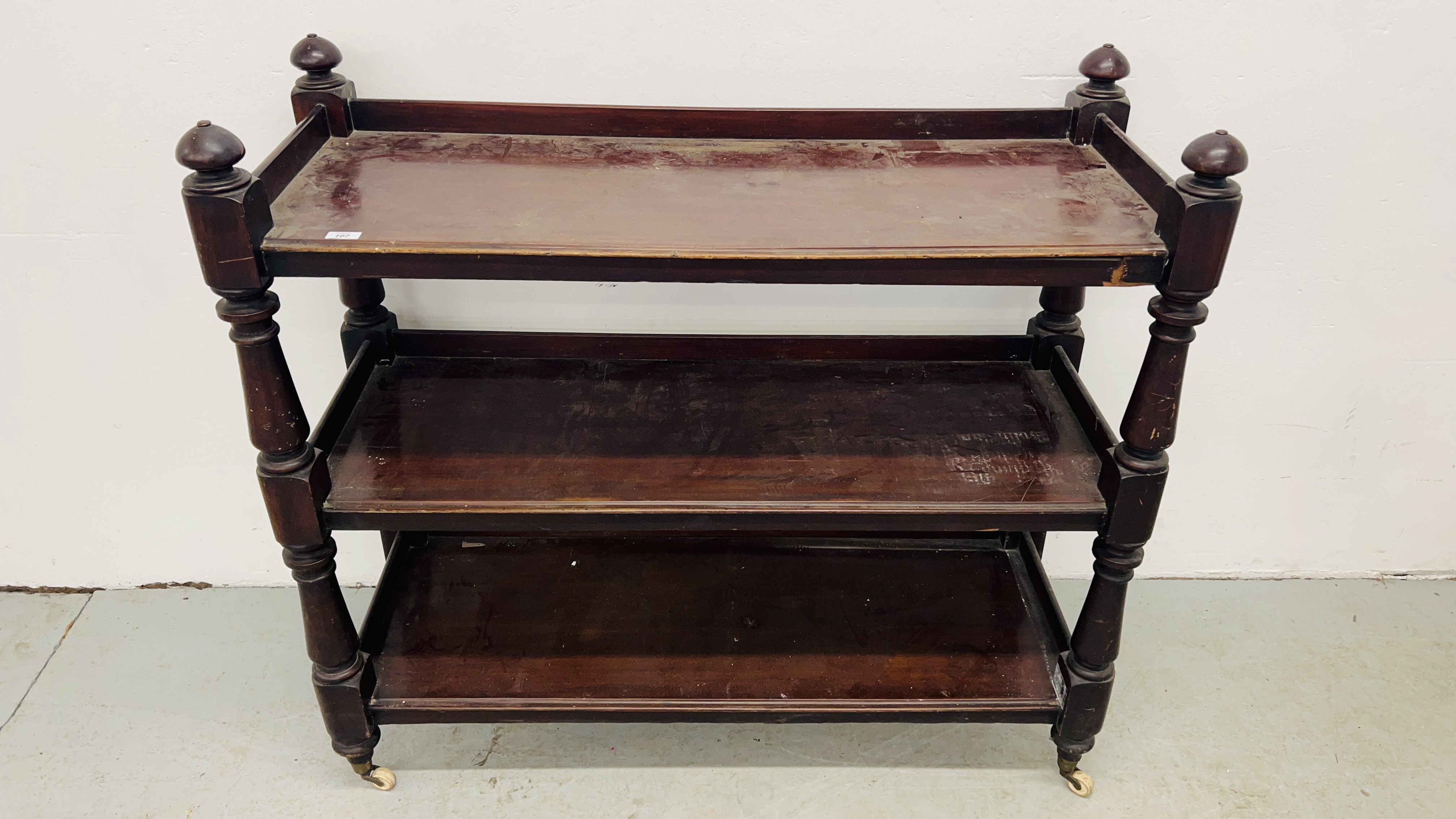 A VICTORIAN MAHOGANY THREE TIER BUFFET TROLLEY A/F LENGTH 120CM. HEIGHT 110CM. DEPTH 48CM. - Image 2 of 12