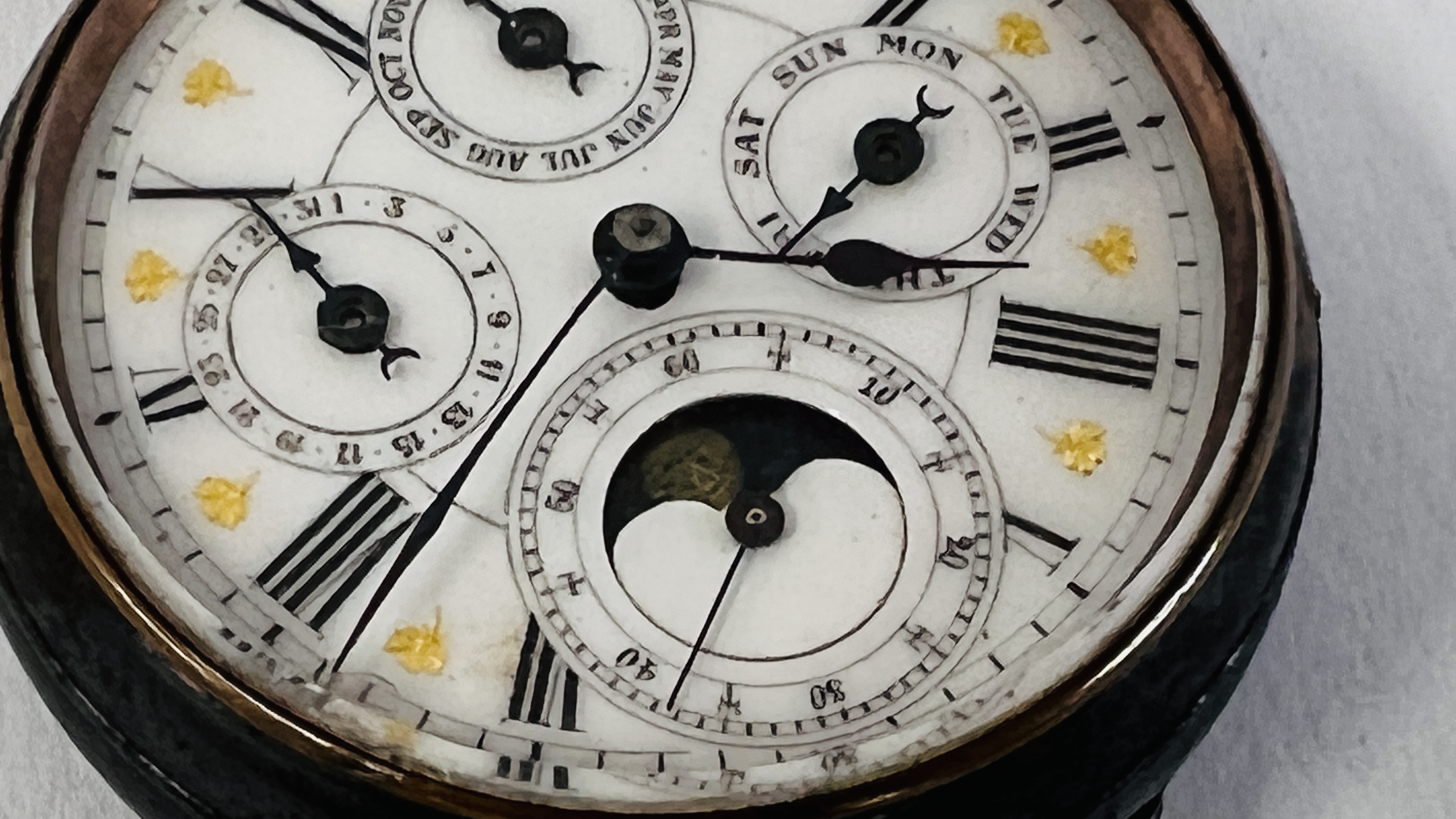 AN ACIER GARANTI SWISS MOON PHASE POCKET WATCH WITH FOUR SUBSIDERY DIALS, - Image 6 of 12