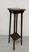 AN ARTS AND CRAFTS STYLE TWO TIER OAK PLANT STAND WIDTH 26CM. DEPTH 26CM. HEIGHT 102CM.