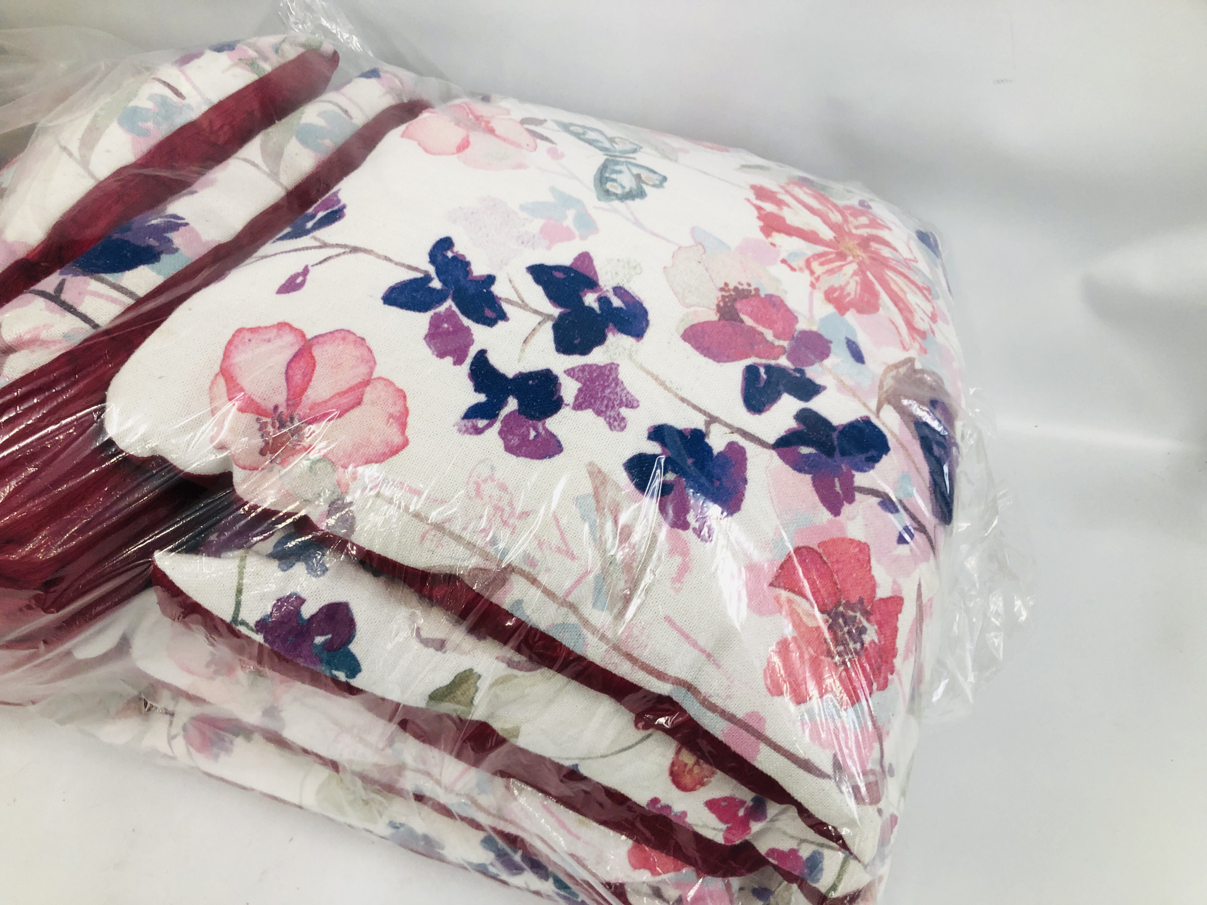 SIX MATCHING SATIN AND FABRIC BUTTERFLY / FLORAL DECORATED CUSHIONS AND THREE STRIPED CUSHIONS. - Image 3 of 3