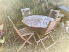 HARDWOOD FOLDING PATIO TABLE AND FOUR FOLDING HARDWOOD PATIO CHAIRS