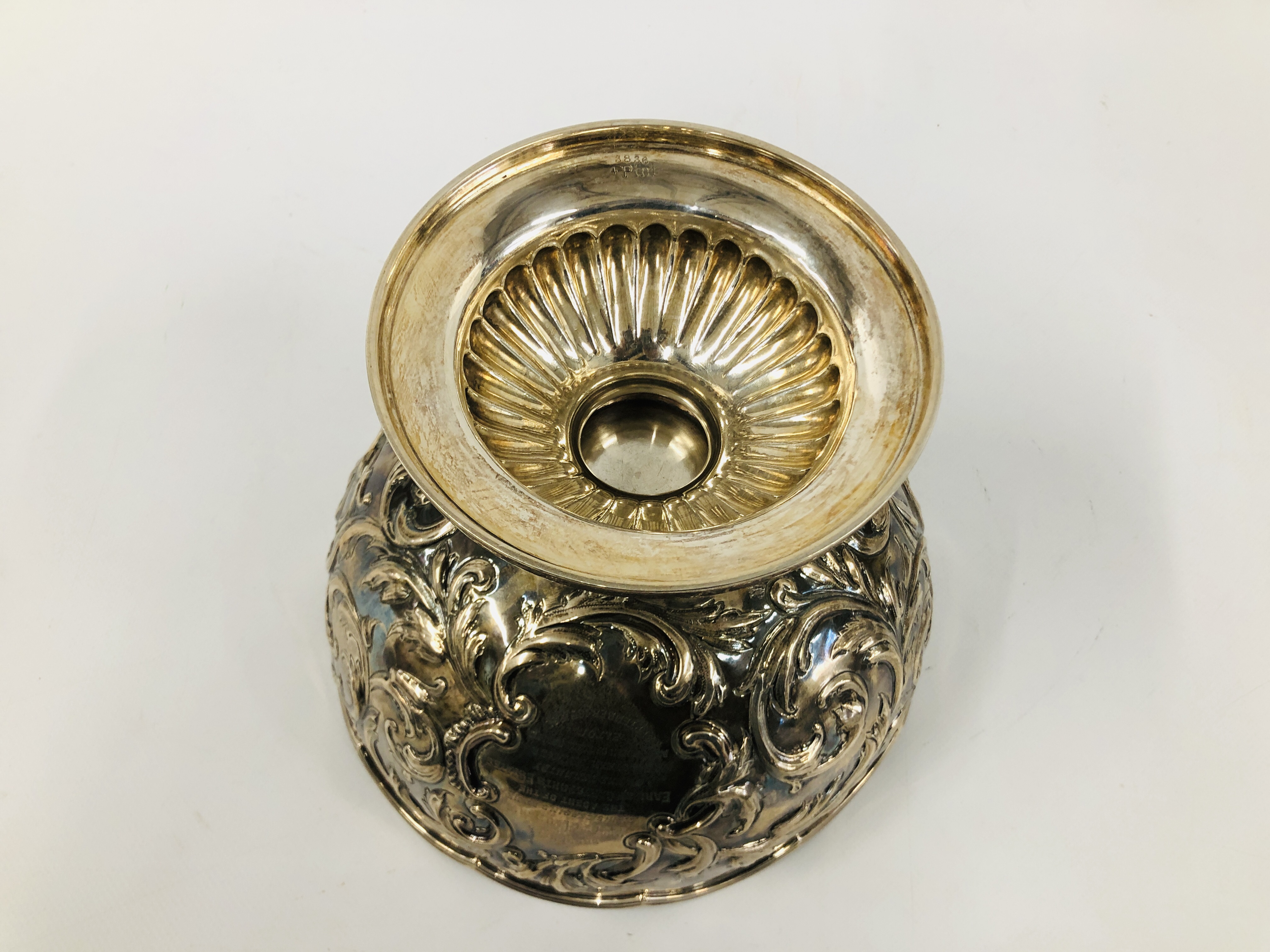 A VICTORIAN SILVER FOOTED ROSE BOWL THE WAVY RIM ABOVE SCROLLED LEAF DECORATION, - Image 10 of 11