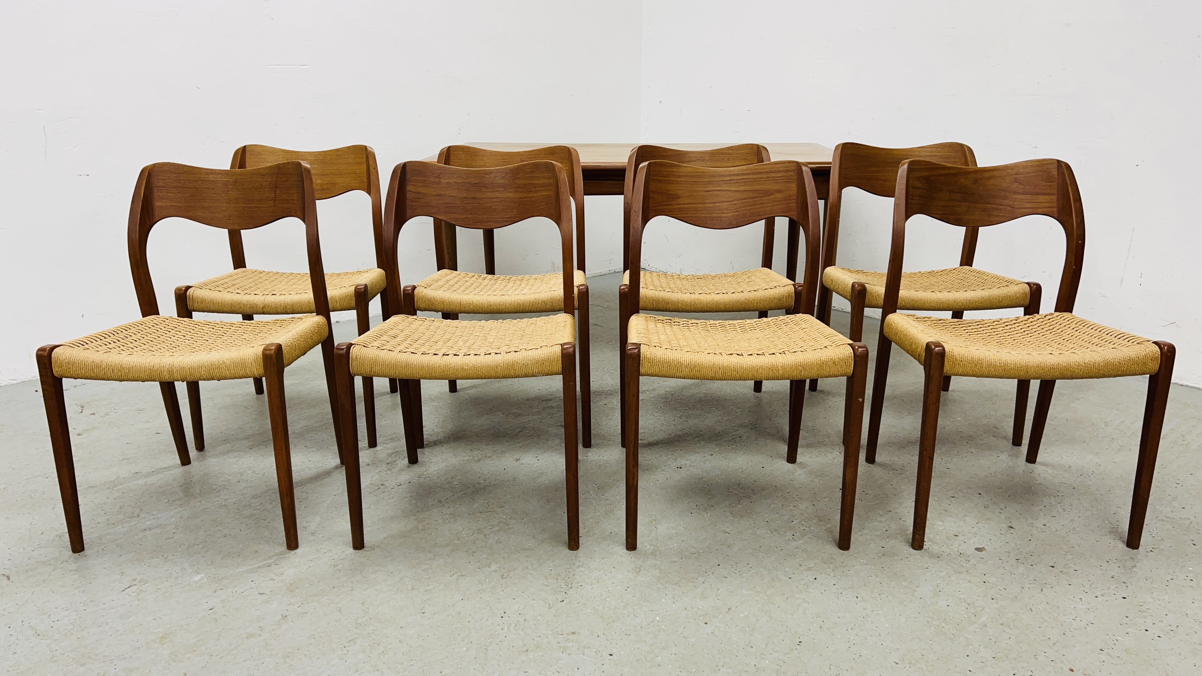 SET OF EIGHT J MOLLER DANISH TEAK DINING CHAIRS WITH WOVEN SISAL SEATS ALONG WITH A DRAWER LEAF - Image 3 of 48
