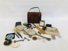 BOX OF COLLECTABLES TO INCLUDE VINTAGE GERMAN SNAKESKIN HANDBAG MARKED AW, ENAMELLED BADGES,