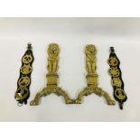 PAIR OF HEAVY BRASS FIRESIDE LIONS, EIGHT HORSE BRASSES ON TWO LEATHER STRAPS.