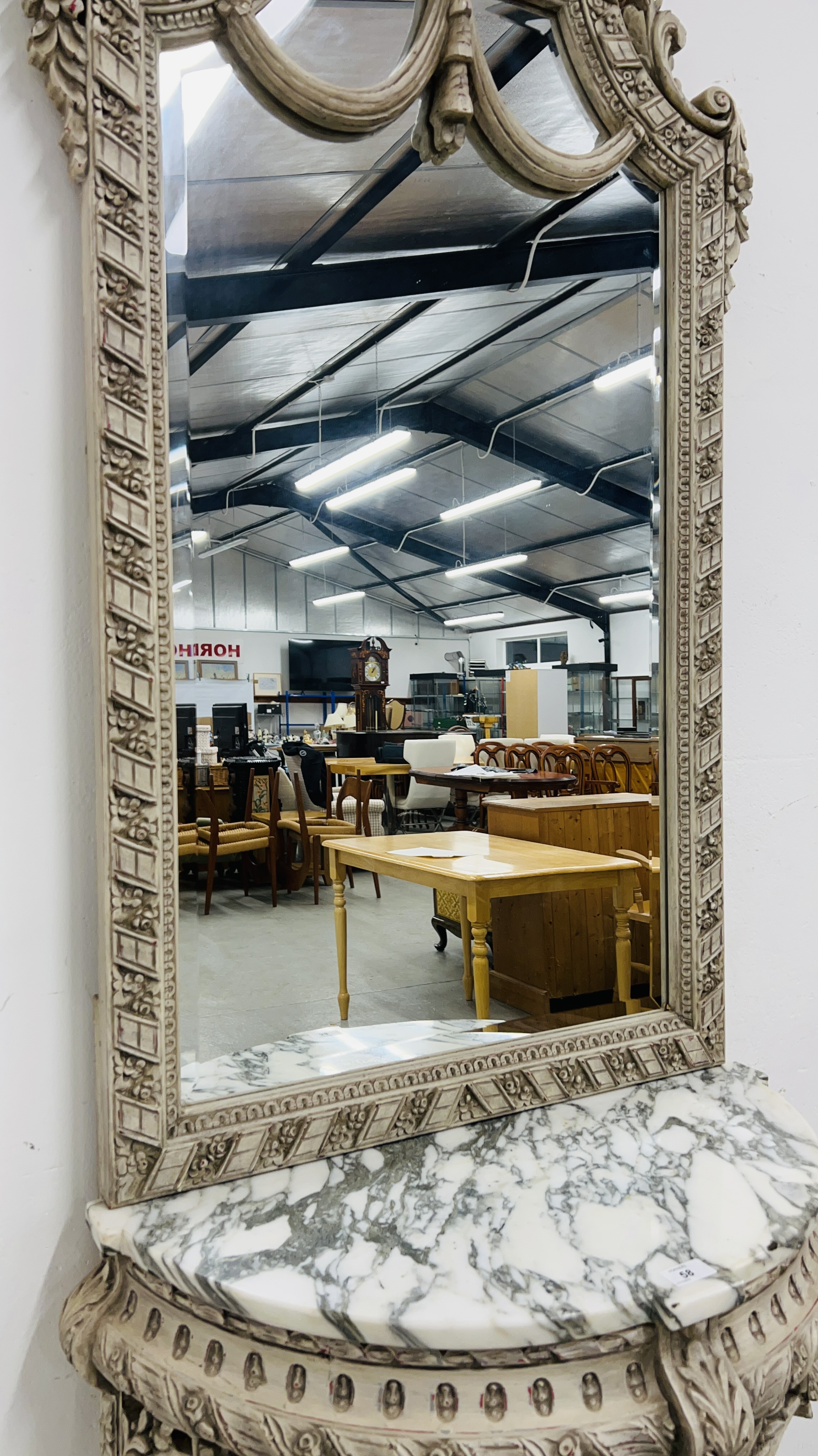 A CONTINENTAL MARBLE TOP HALF MOON SIDE TABLE ON ORNATE CARVED BASE AND SHELF BELOW WITH MIRRORED - Image 7 of 10