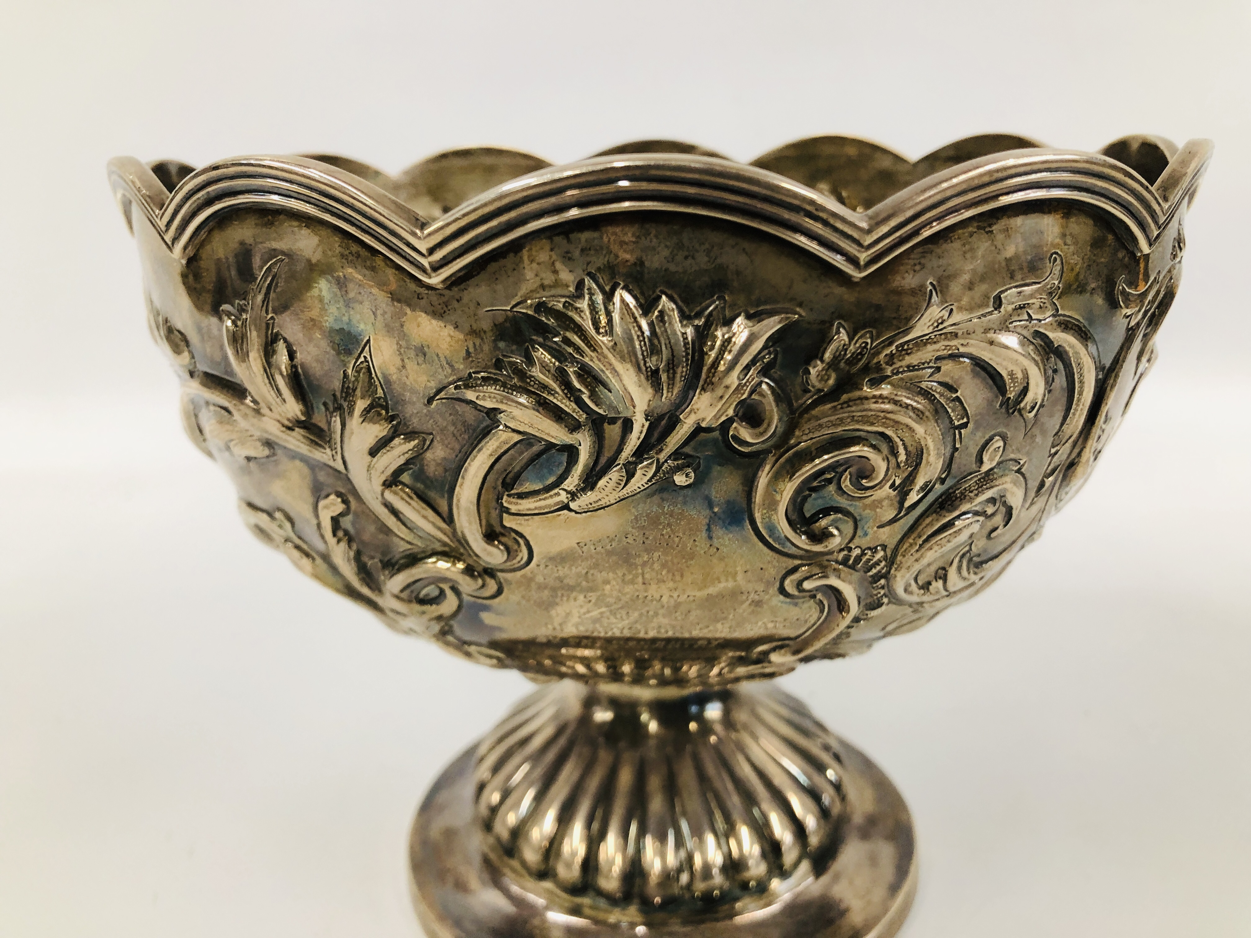 A VICTORIAN SILVER FOOTED ROSE BOWL THE WAVY RIM ABOVE SCROLLED LEAF DECORATION, - Image 3 of 11