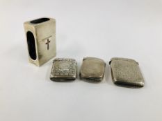 THREE VARIOUS SILVER VESTA CASES ALL BIRMINGHAM ASSAY ALONG WITH A MATCHBOX HOLDER WITH ENAMELLED