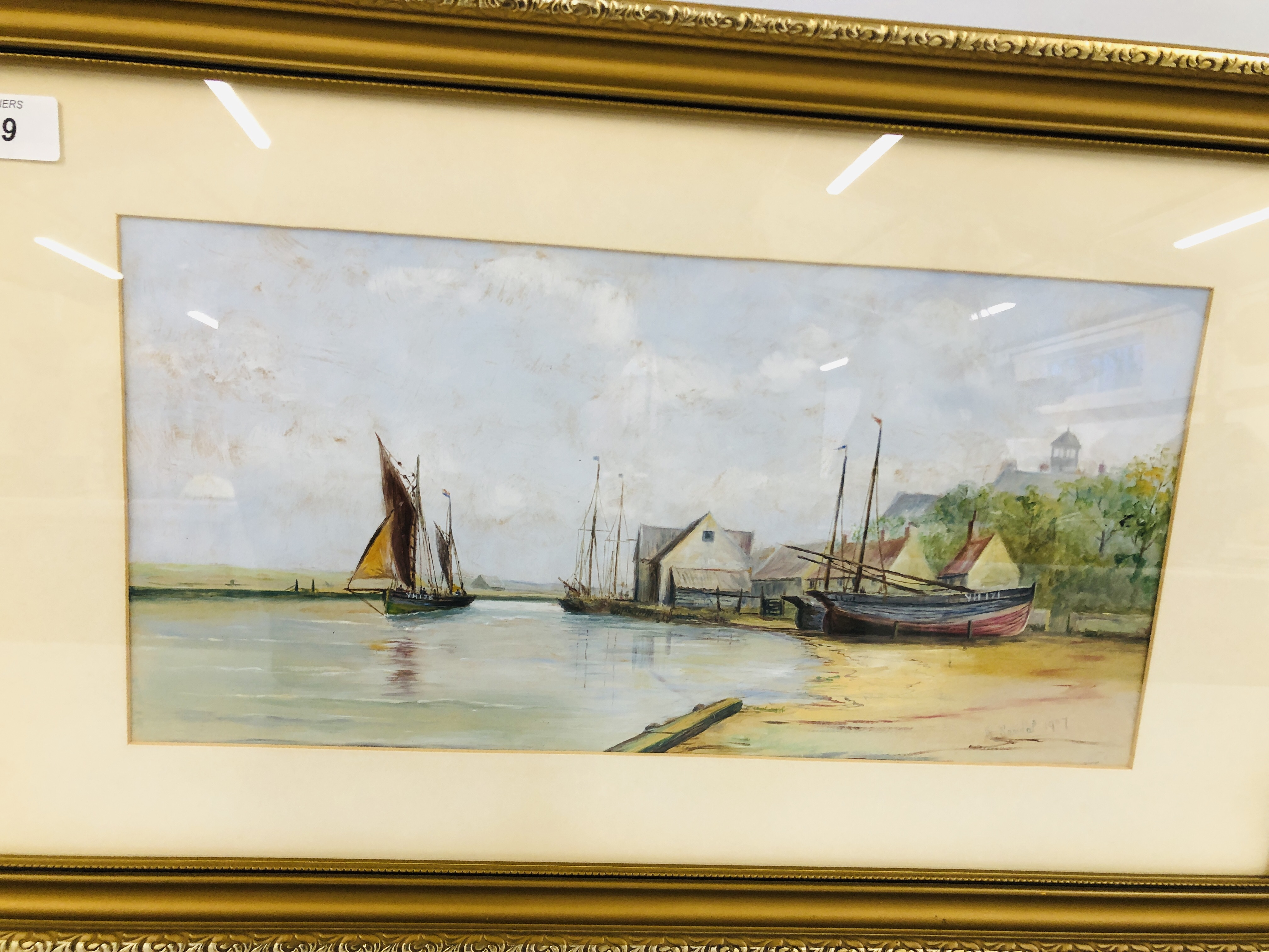 OIL ON BOARD HARBOUR SCENE WITH YARMOUTH FISHING BOATS BEARING SIGNATURE W. SANDAL 1907 19. - Image 2 of 5