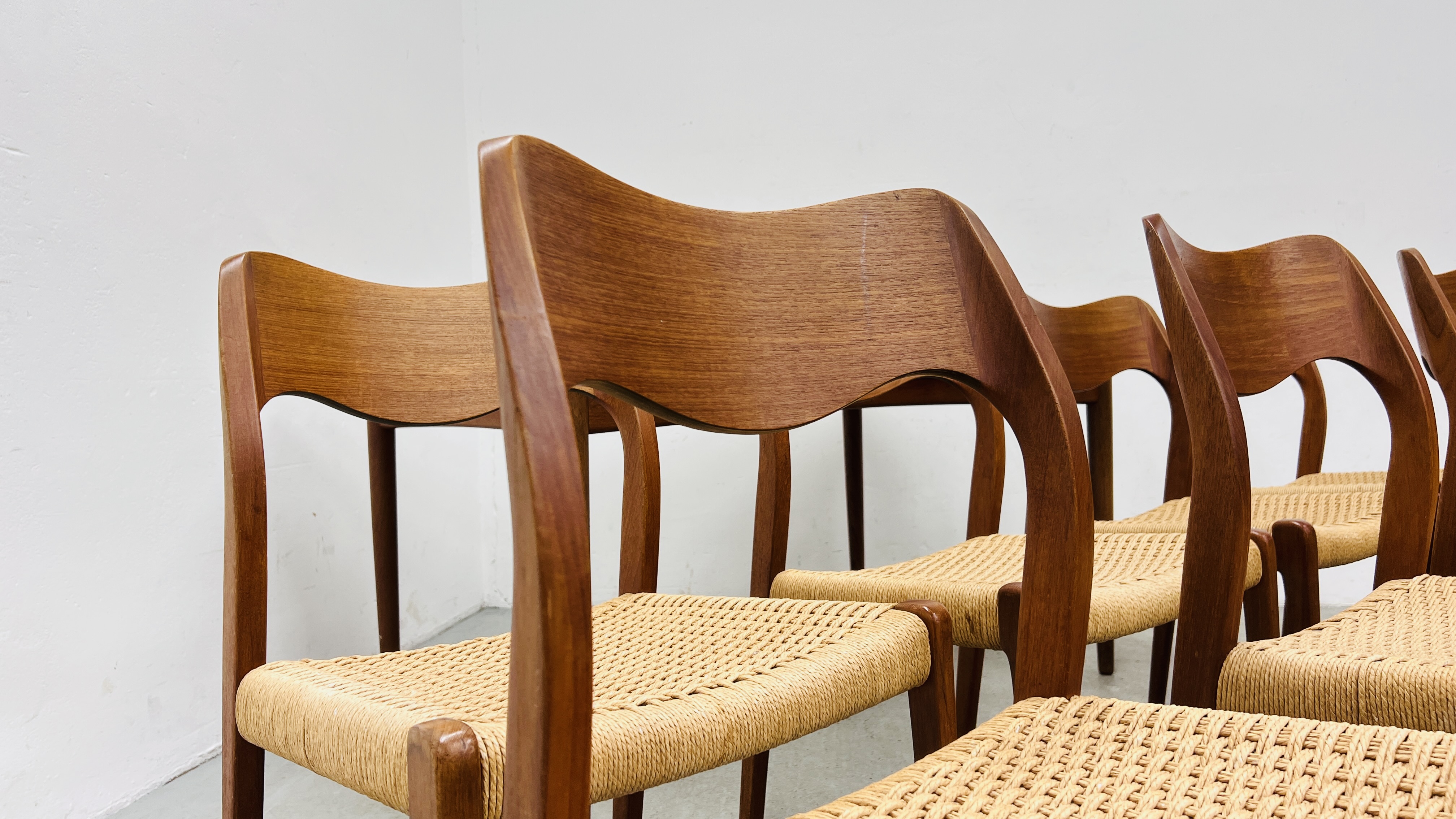 SET OF EIGHT J MOLLER DANISH TEAK DINING CHAIRS WITH WOVEN SISAL SEATS ALONG WITH A DRAWER LEAF - Image 21 of 48